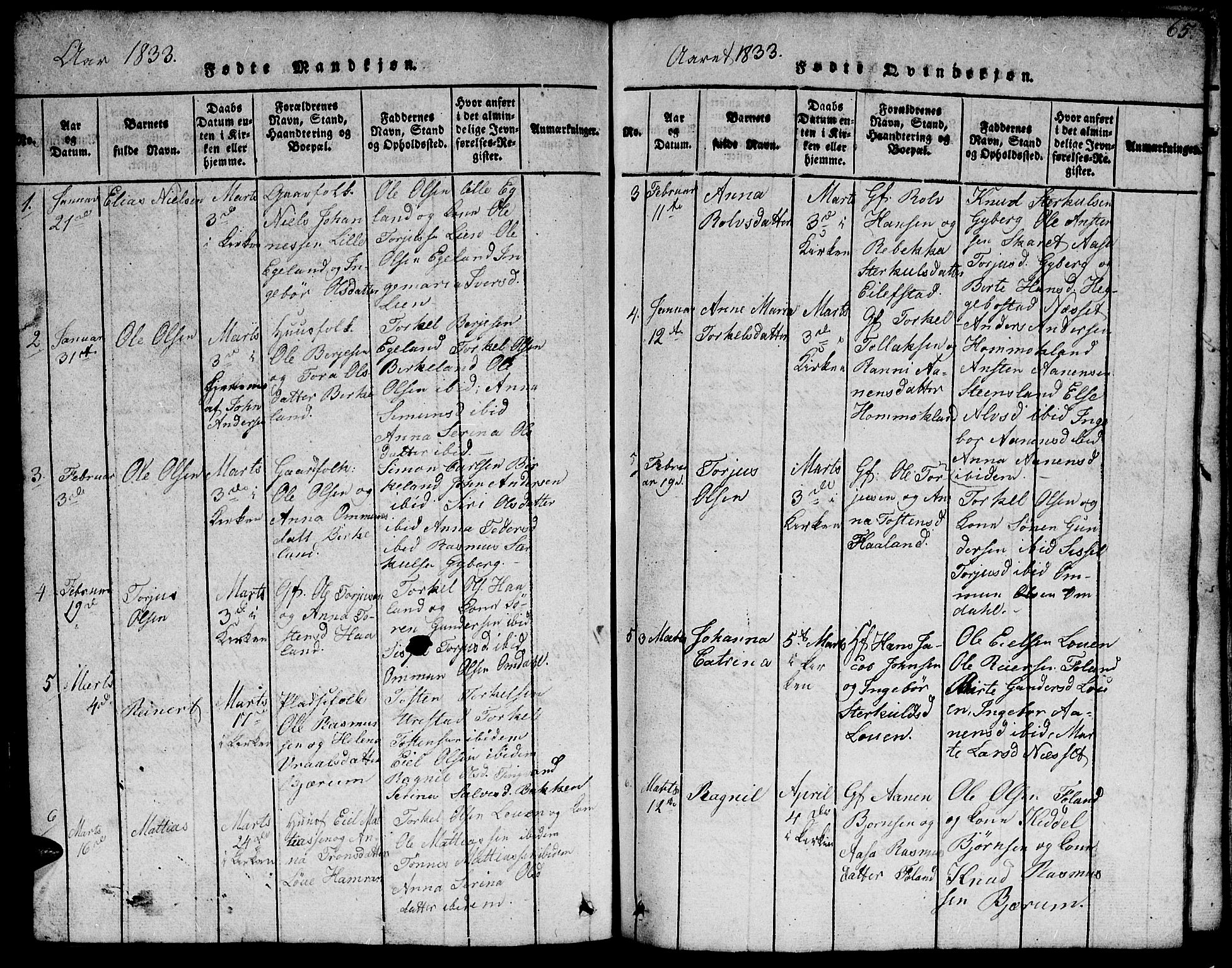 Hægebostad sokneprestkontor, AV/SAK-1111-0024/F/Fb/Fba/L0001: Parish register (copy) no. B 1, 1815-1844, p. 65