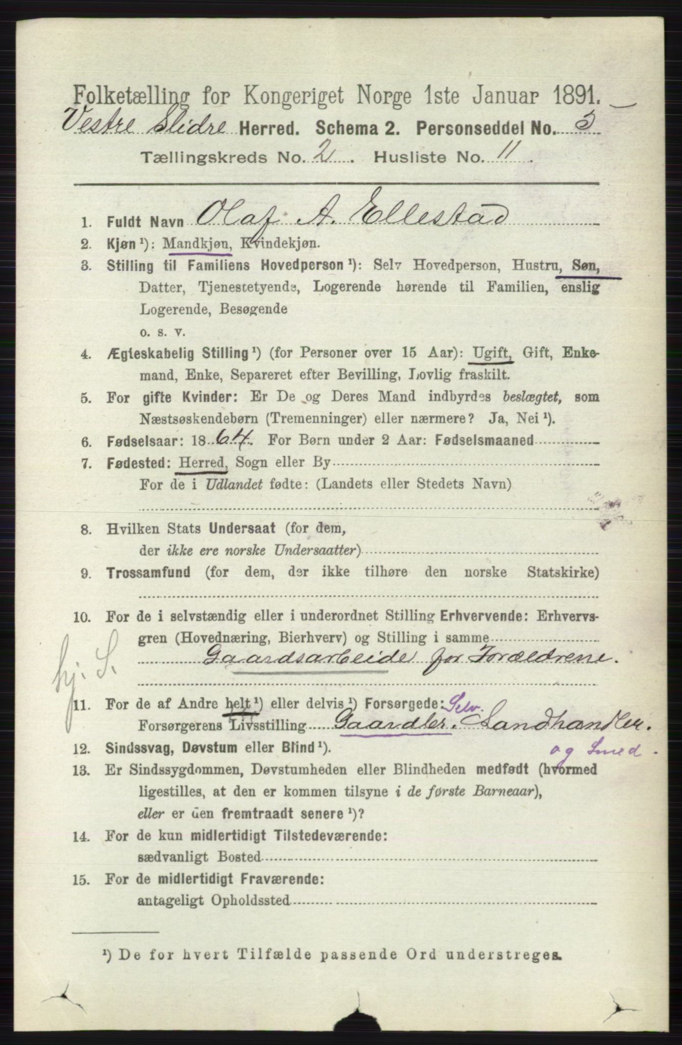 RA, 1891 census for 0543 Vestre Slidre, 1891, p. 589