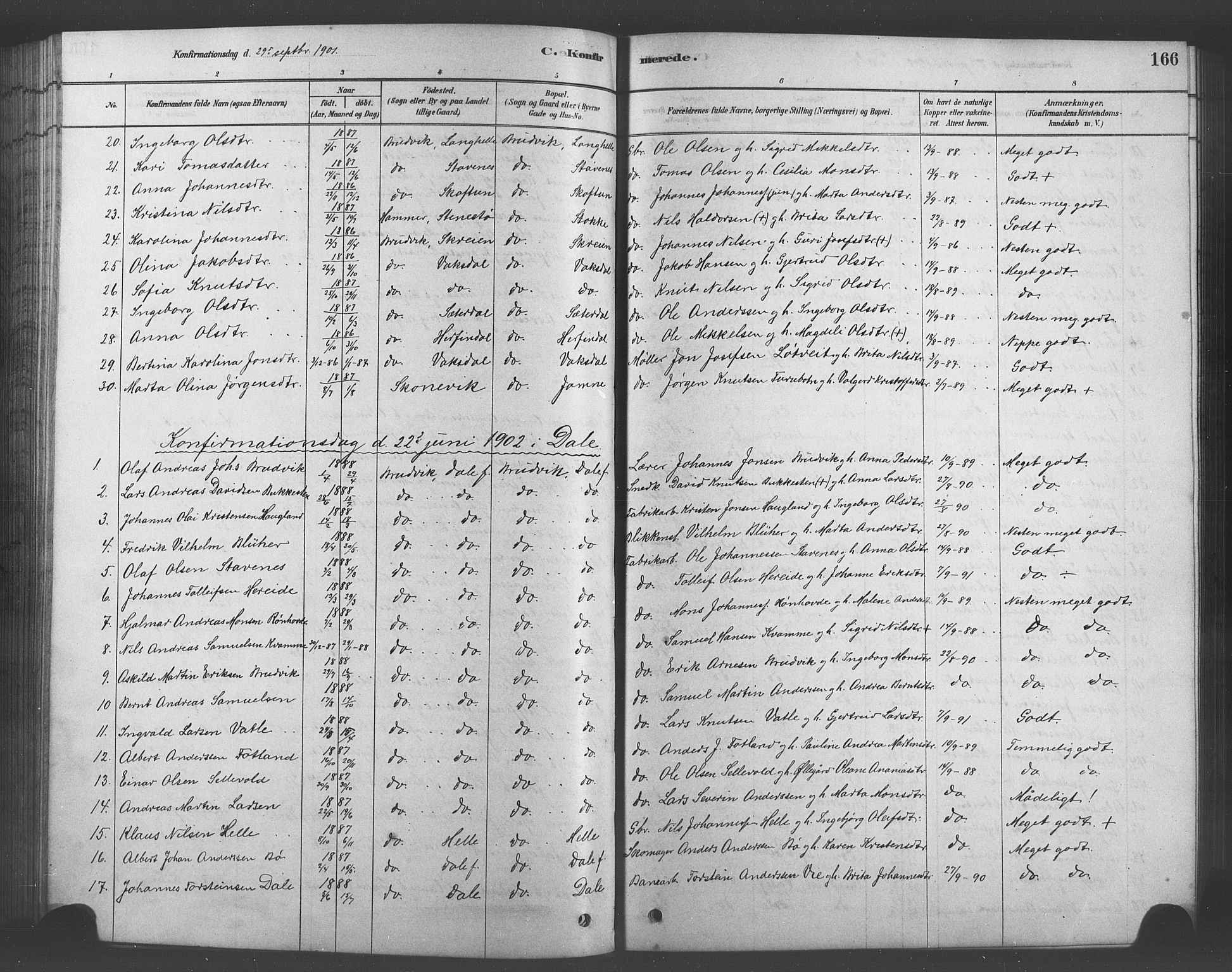 Bruvik Sokneprestembete, AV/SAB-A-74701/H/Hab: Parish register (copy) no. A 1, 1878-1907, p. 166