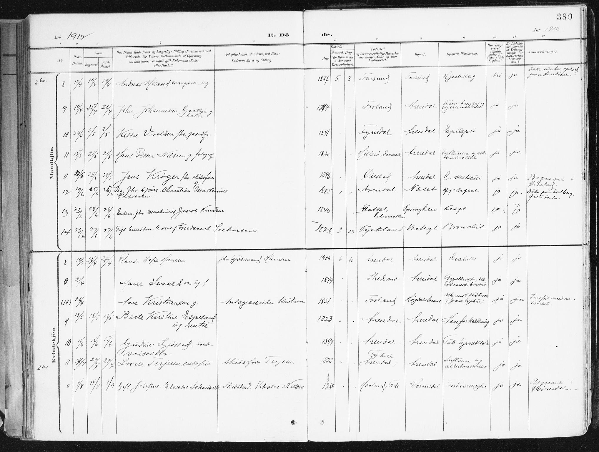 Arendal sokneprestkontor, Trefoldighet, AV/SAK-1111-0040/F/Fa/L0010: Parish register (official) no. A 10, 1900-1919, p. 380