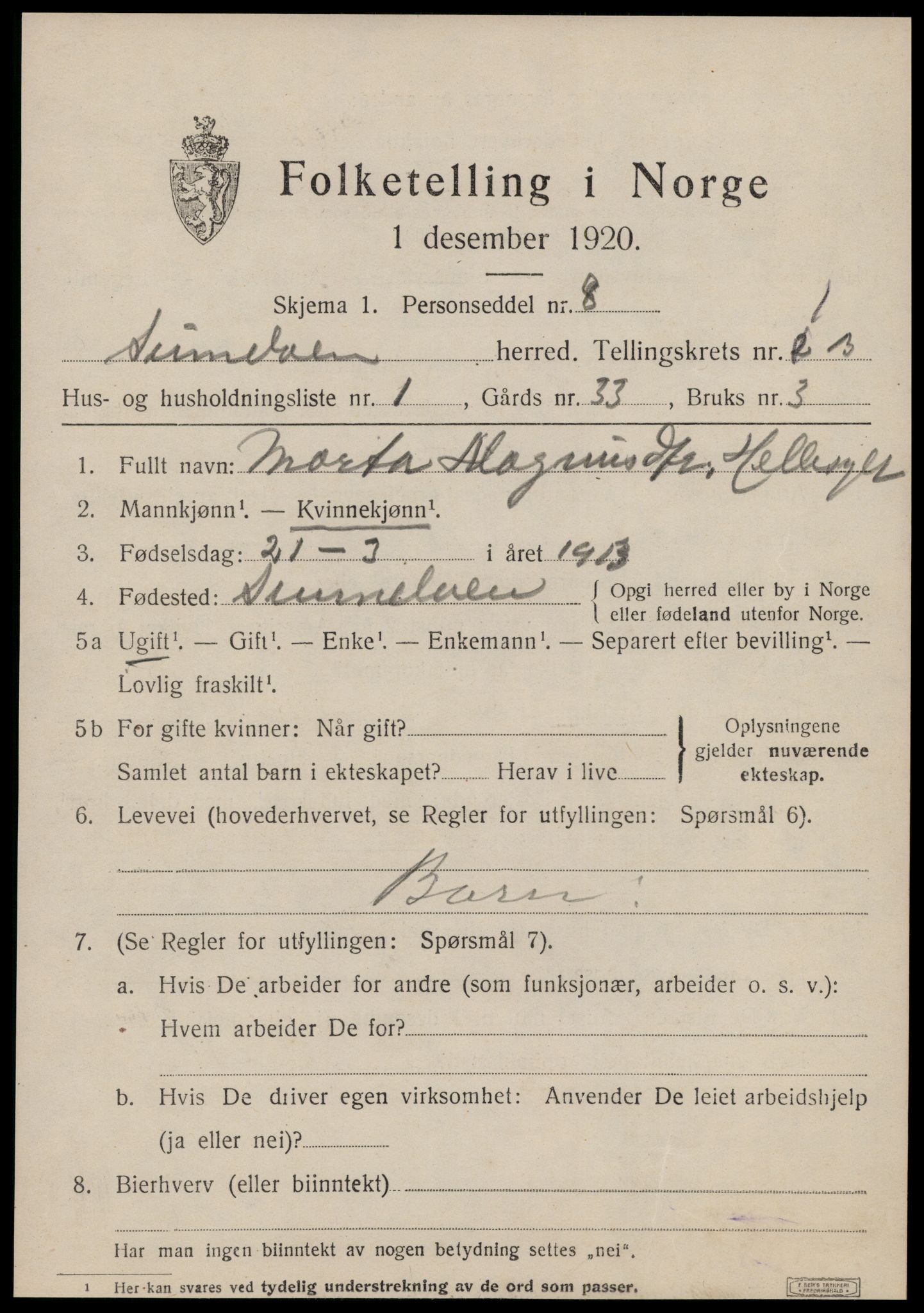 SAT, 1920 census for Sunnylven, 1920, p. 924