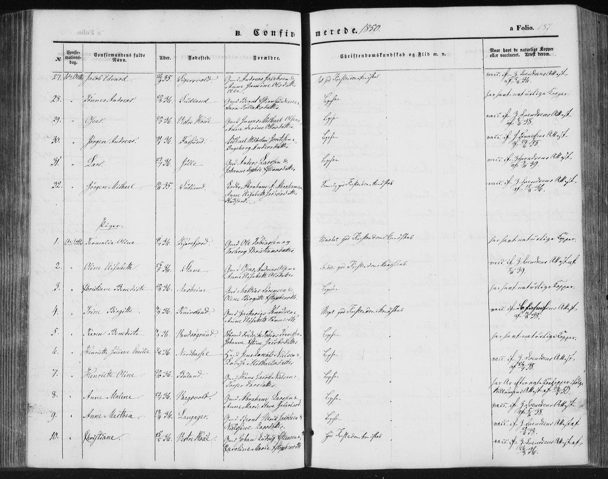 Lista sokneprestkontor, AV/SAK-1111-0027/F/Fa/L0010: Parish register (official) no. A 10, 1846-1861, p. 187