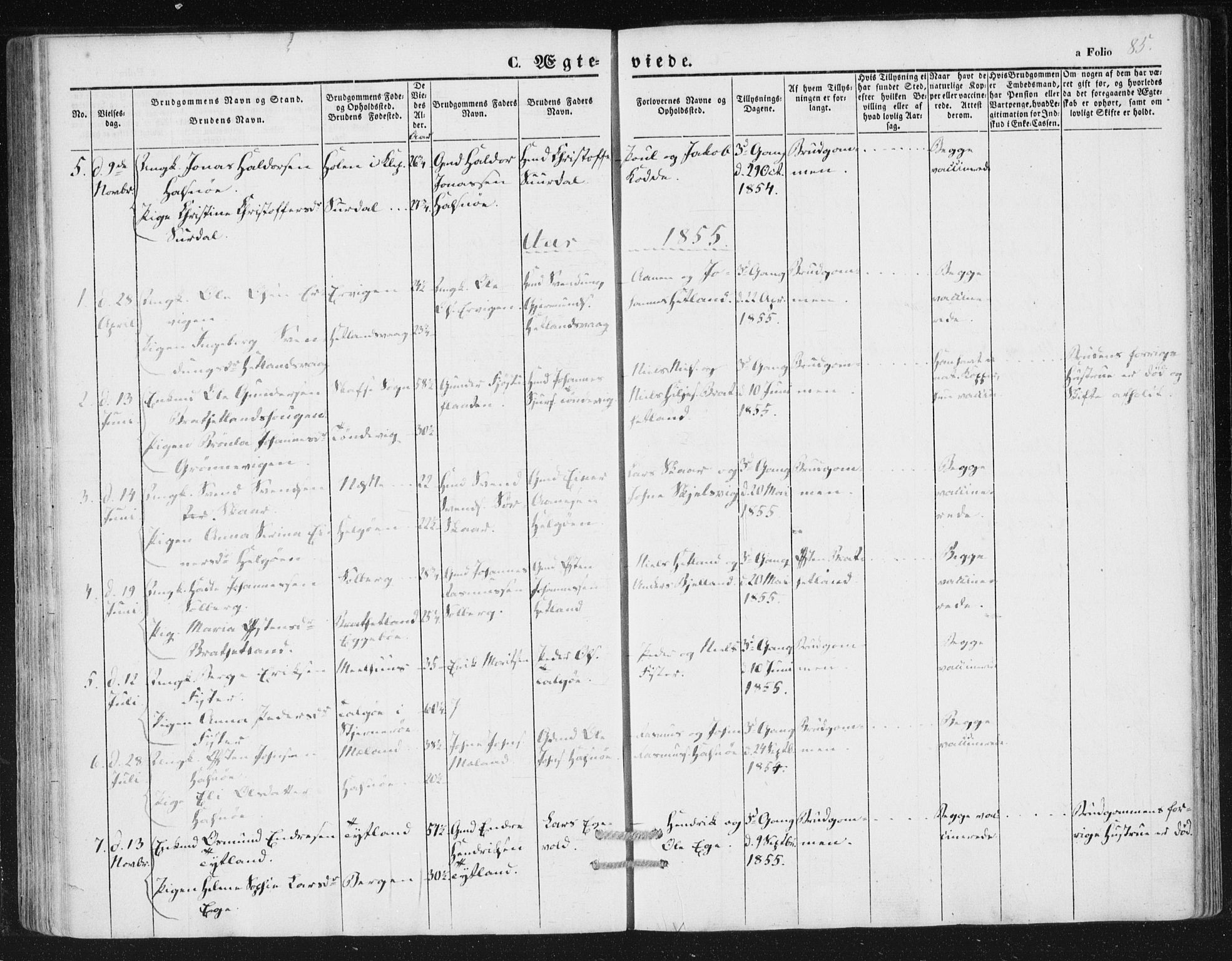 Hjelmeland sokneprestkontor, SAST/A-101843/01/IV/L0010: Parish register (official) no. A 10, 1851-1871, p. 85