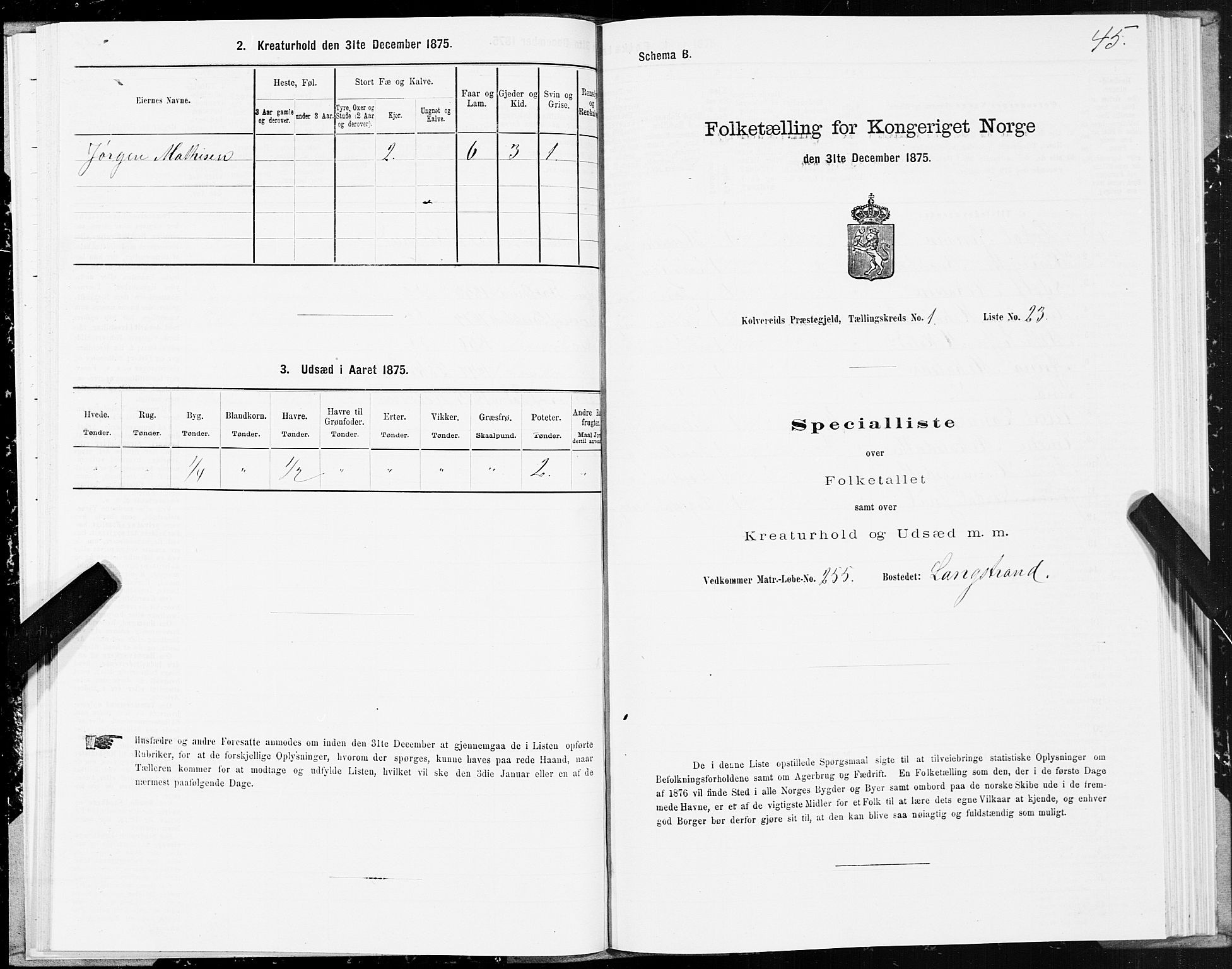 SAT, 1875 census for 1752P Kolvereid, 1875, p. 1045