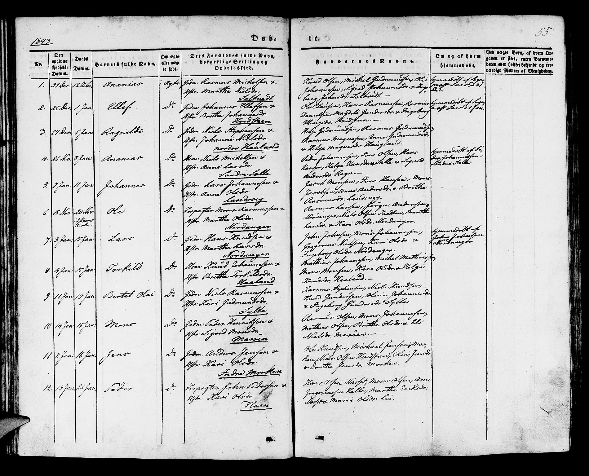 Manger sokneprestembete, SAB/A-76801/H/Haa: Parish register (official) no. A 5, 1839-1848, p. 55