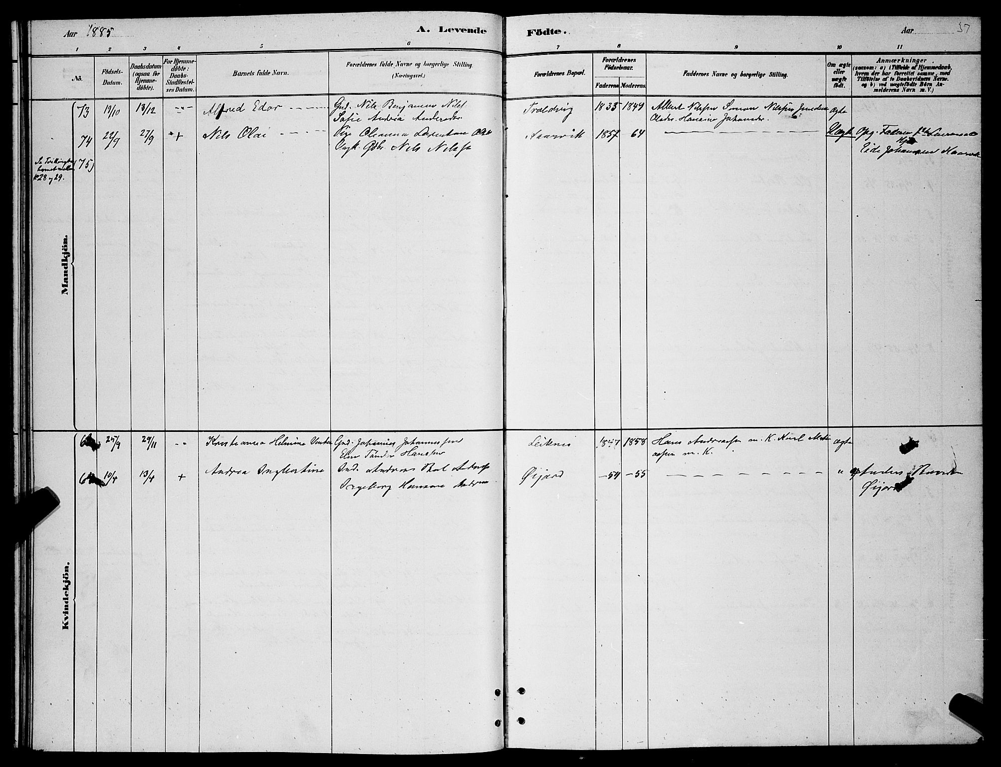 Lenvik sokneprestembete, AV/SATØ-S-1310/H/Ha/Hab/L0006klokker: Parish register (copy) no. 6, 1881-1889, p. 37