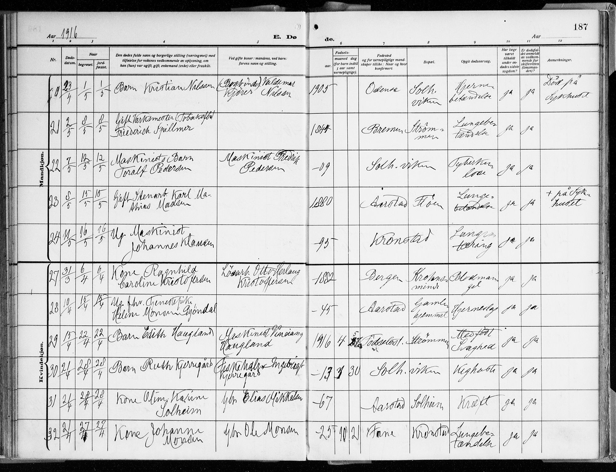 Årstad Sokneprestembete, AV/SAB-A-79301/H/Haa/L0003: Parish register (official) no. A 3, 1914-1919, p. 187