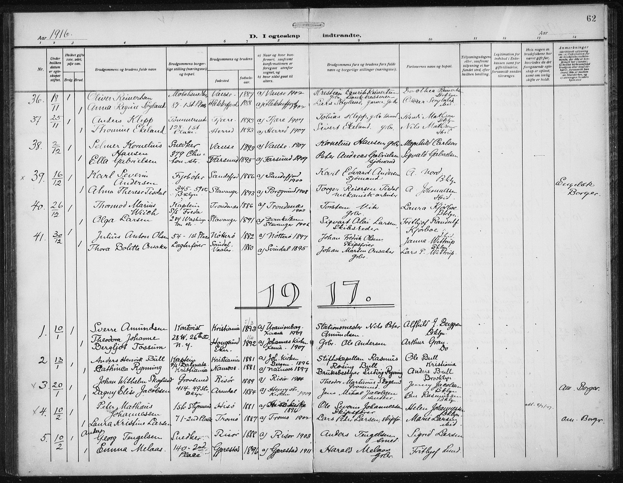 Den norske sjømannsmisjon i utlandet/New York, SAB/SAB/PA-0110/H/Ha/L0007: Parish register (official) no. A 7, 1915-1923, p. 62