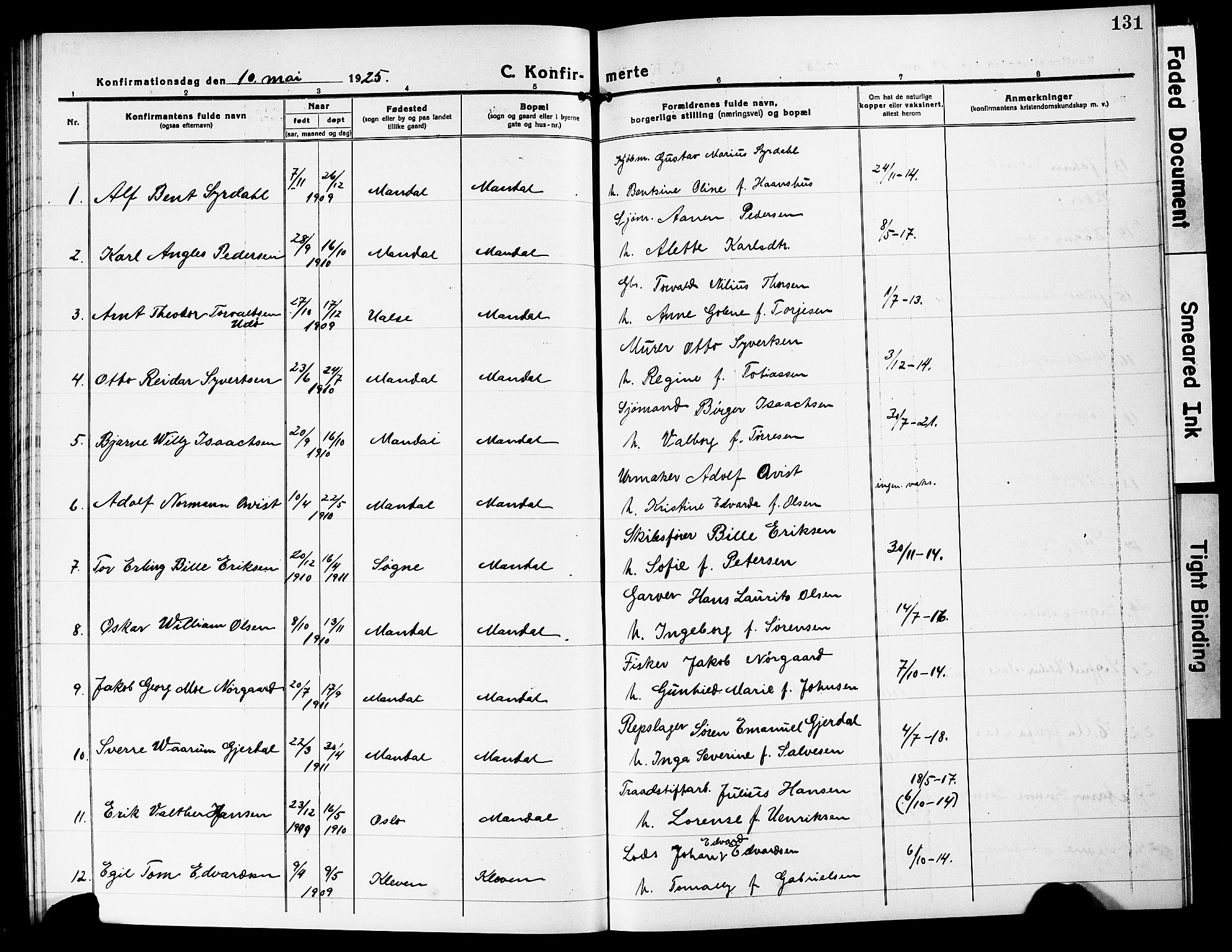 Mandal sokneprestkontor, AV/SAK-1111-0030/F/Fb/Fbc/L0001: Parish register (copy) no. B 1, 1918-1931, p. 131