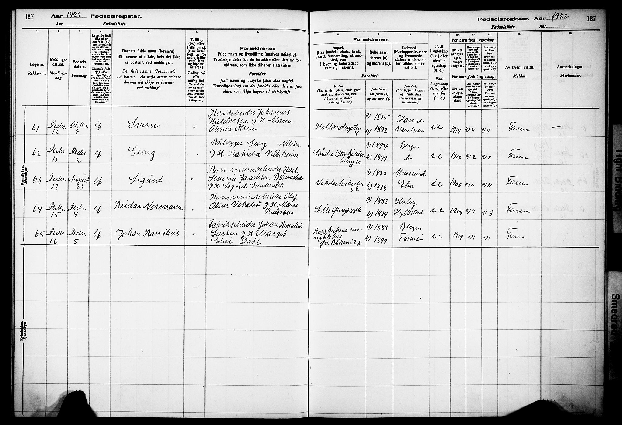 Korskirken sokneprestembete, SAB/A-76101/I/Id/L00A1: Birth register no. A 1, 1916-1929, p. 127