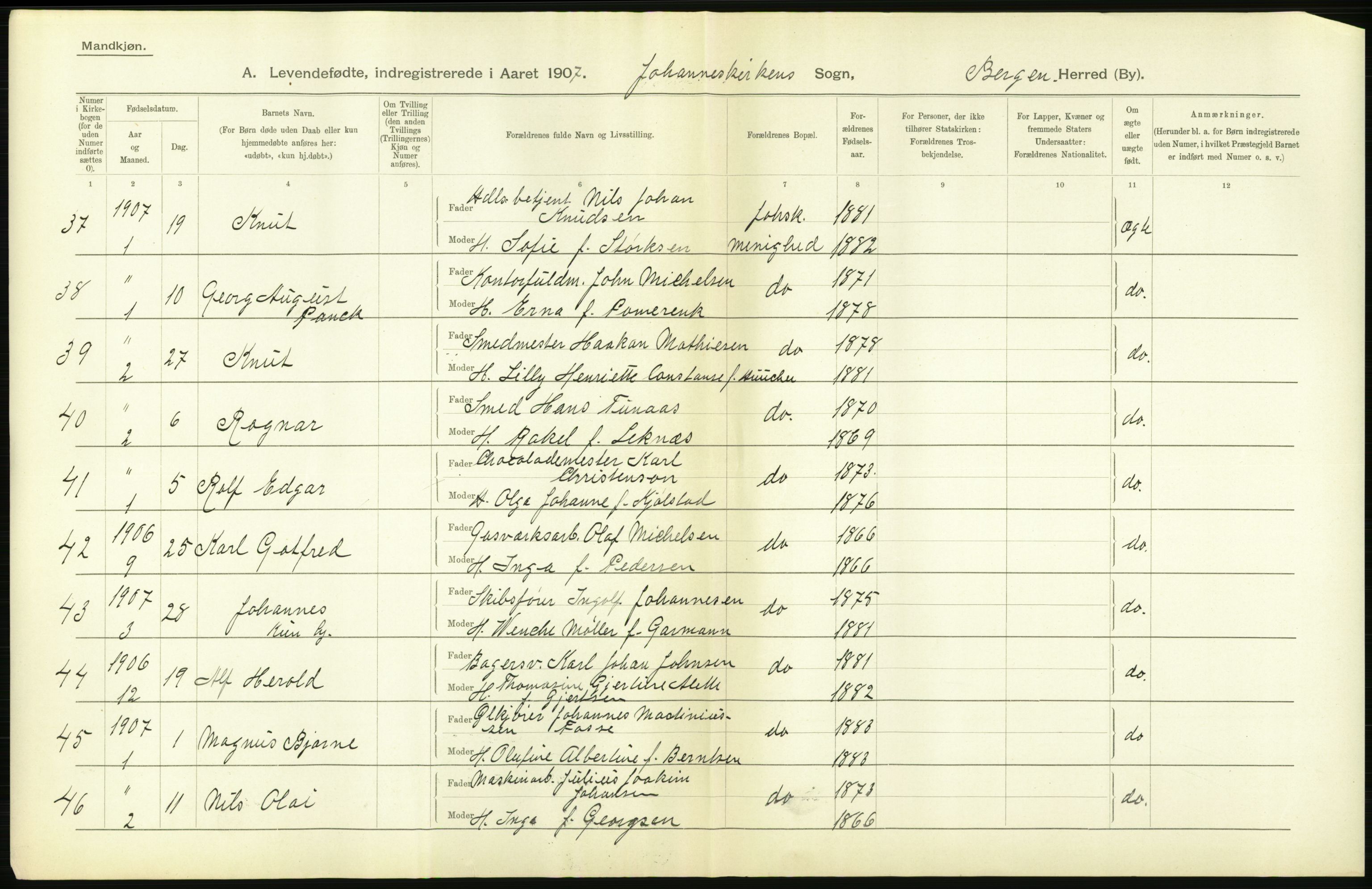 Statistisk sentralbyrå, Sosiodemografiske emner, Befolkning, AV/RA-S-2228/D/Df/Dfa/Dfae/L0030: Bergen: Levendefødte menn og kvinner., 1907, p. 50