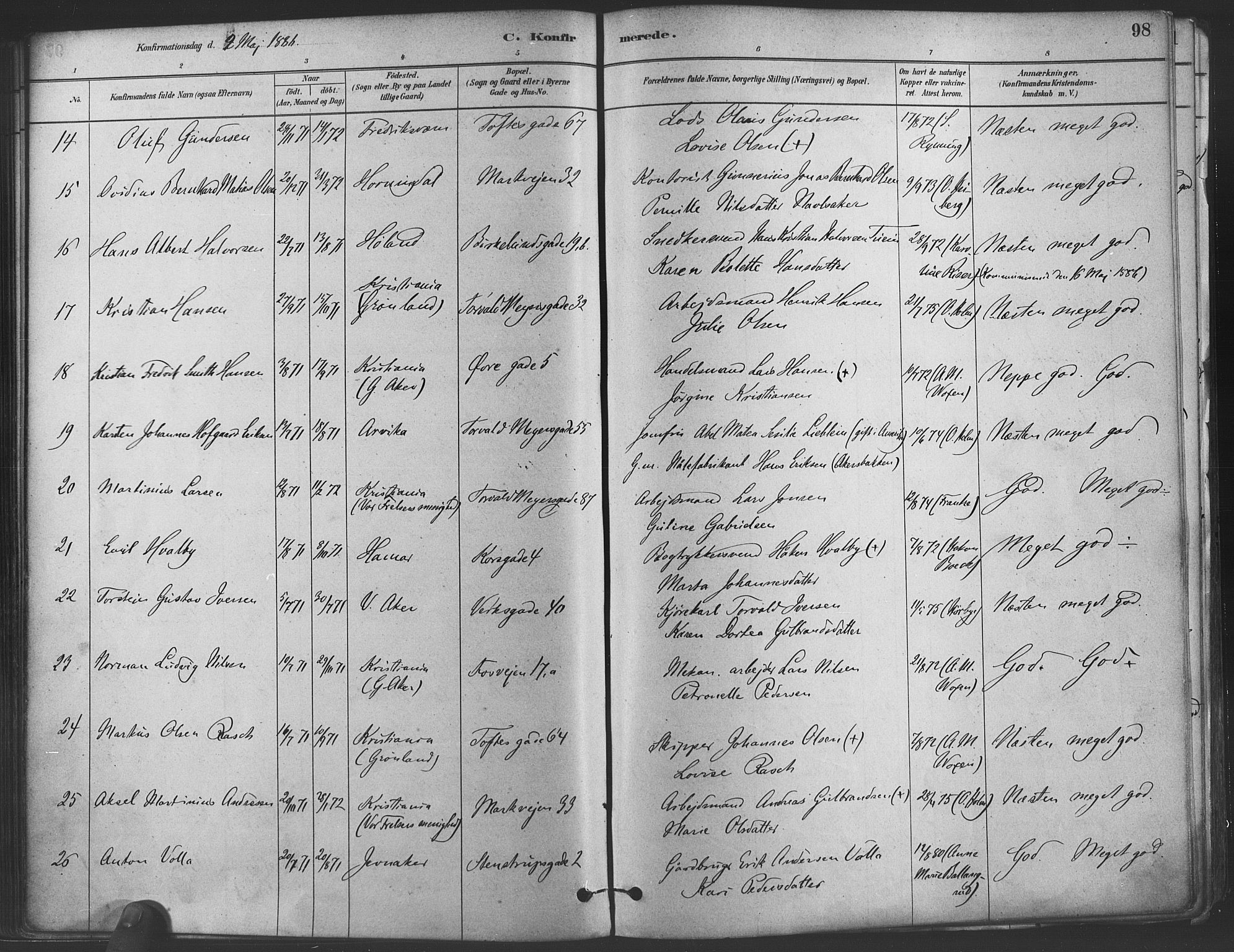 Paulus prestekontor Kirkebøker, AV/SAO-A-10871/F/Fa/L0004: Parish register (official) no. 4, 1879-1891, p. 98