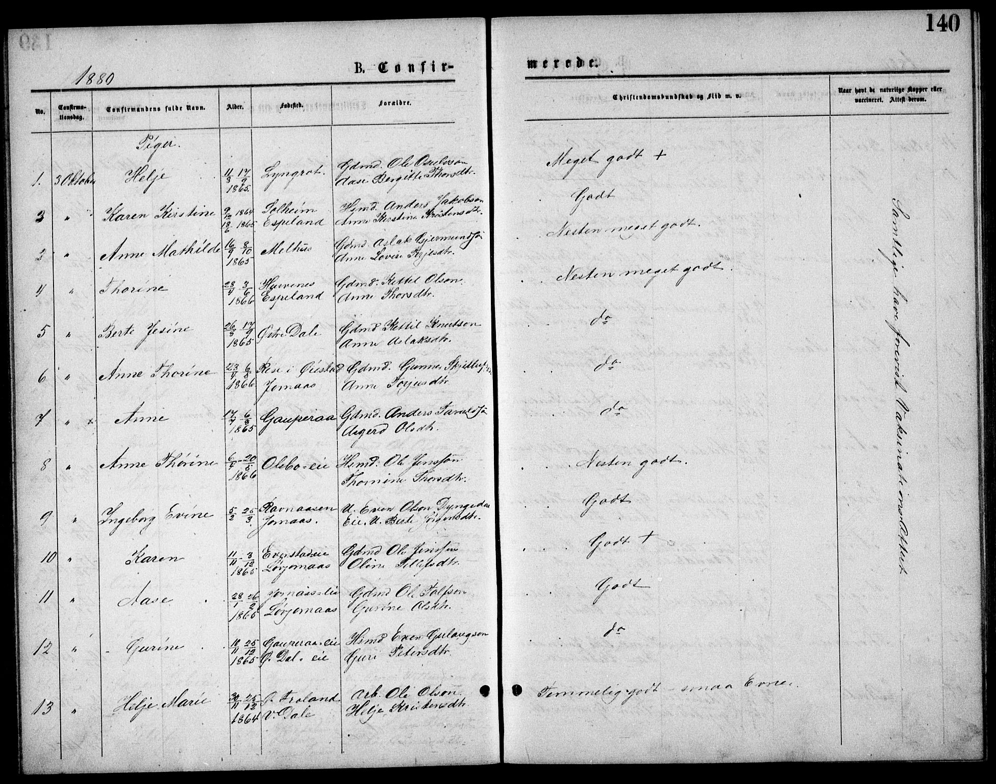 Froland sokneprestkontor, AV/SAK-1111-0013/F/Fb/L0009: Parish register (copy) no. B 9, 1875-1893, p. 140