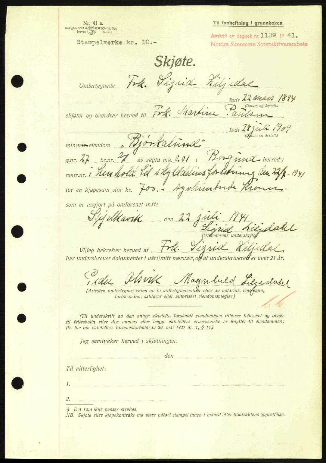 Nordre Sunnmøre sorenskriveri, AV/SAT-A-0006/1/2/2C/2Ca: Mortgage book no. A11, 1941-1941, Diary no: : 1139/1941