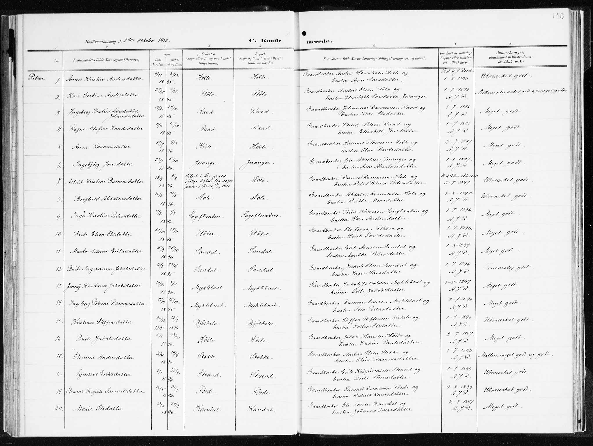 Gloppen sokneprestembete, AV/SAB-A-80101/H/Haa/Haac/L0003: Parish register (official) no. C 3, 1904-1921, p. 146