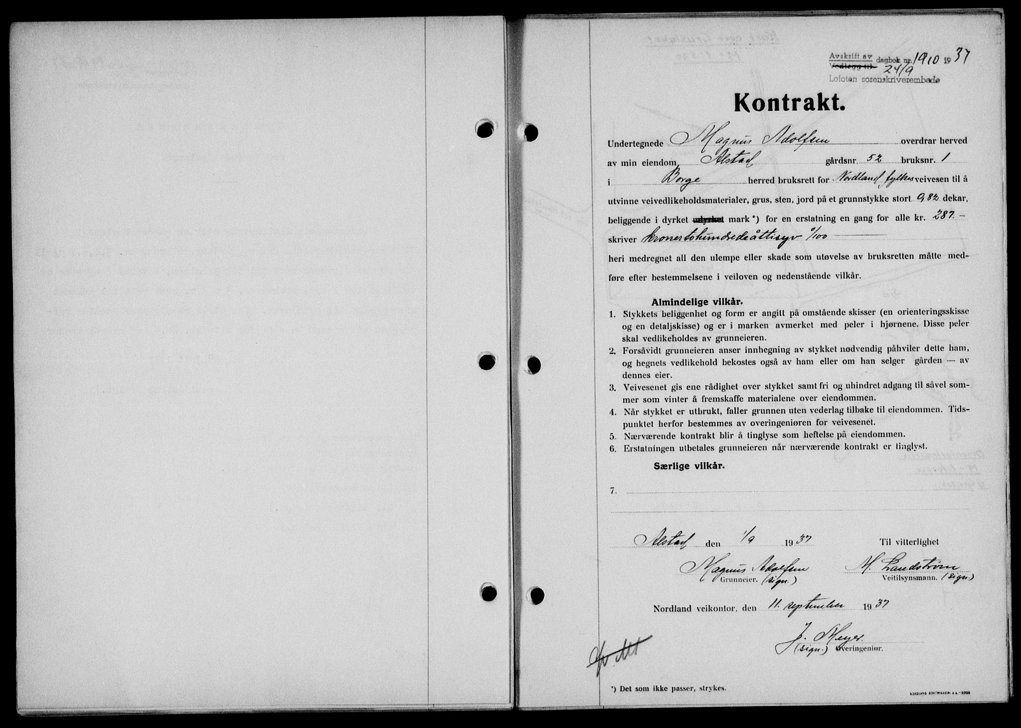 Lofoten sorenskriveri, SAT/A-0017/1/2/2C/L0002a: Mortgage book no. 2a, 1937-1937, Diary no: : 1910/1937