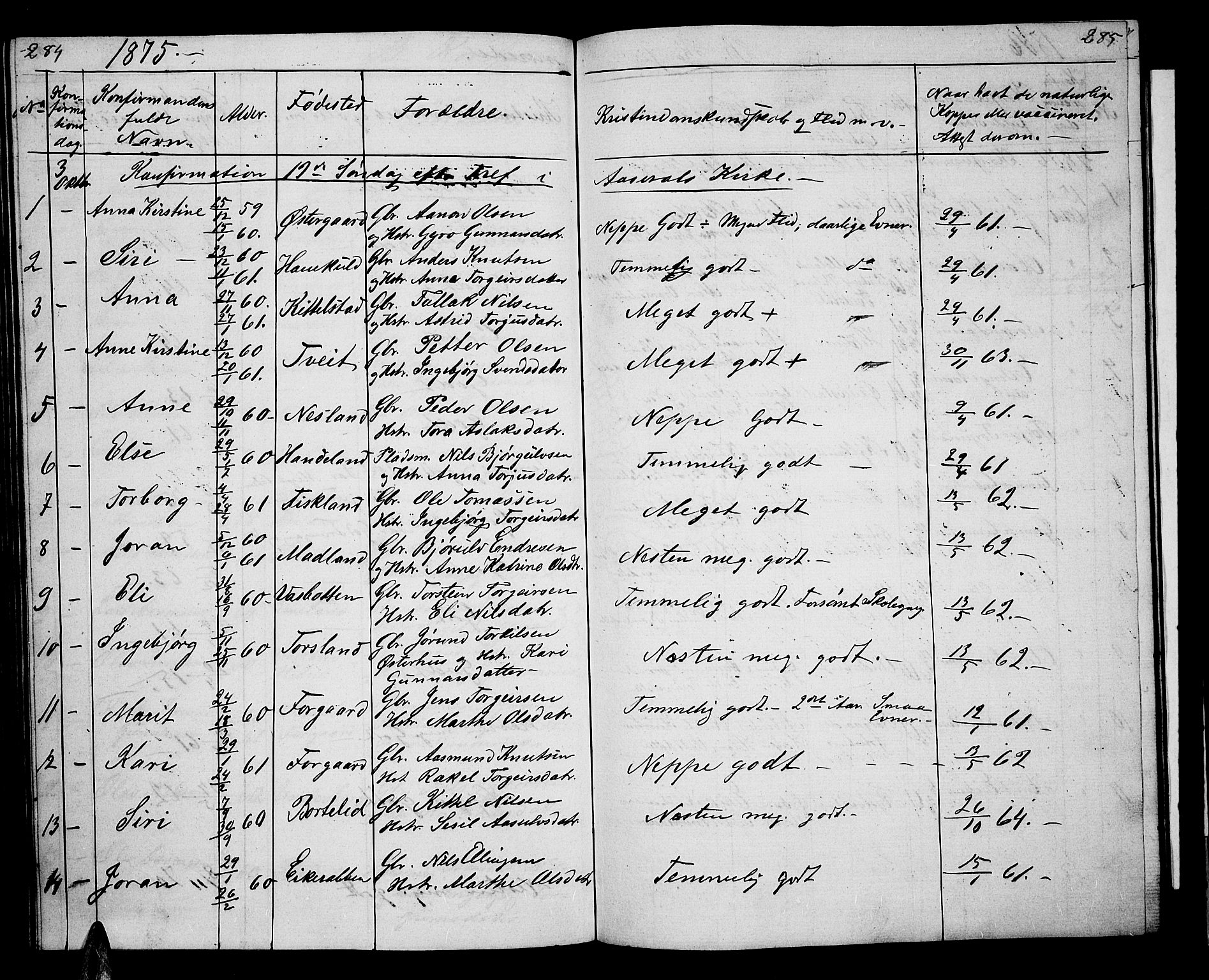 Åseral sokneprestkontor, SAK/1111-0051/F/Fb/L0001: Parish register (copy) no. B 1, 1856-1877, p. 284-285