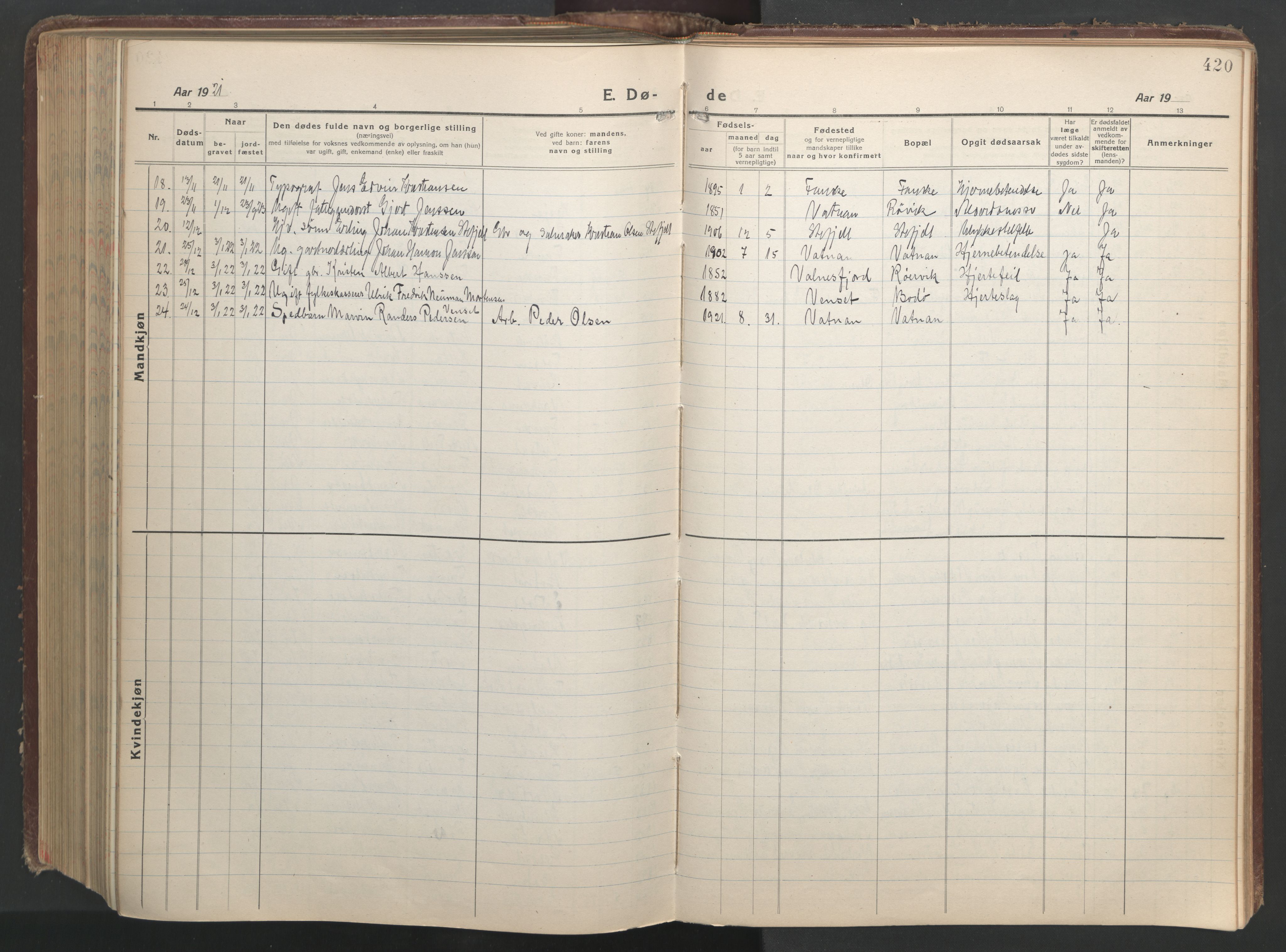 Ministerialprotokoller, klokkerbøker og fødselsregistre - Nordland, AV/SAT-A-1459/849/L0700: Parish register (copy) no. 849C01, 1919-1946, p. 420