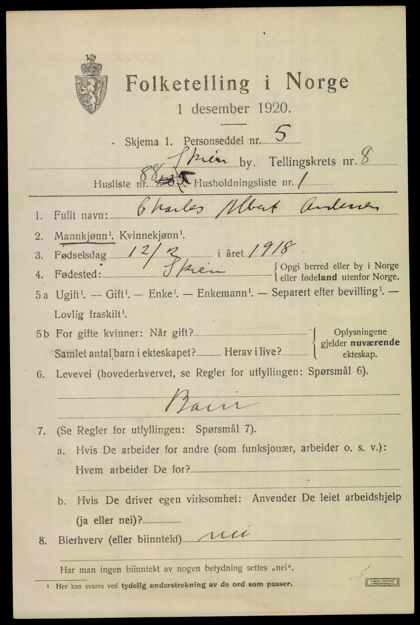 SAKO, 1920 census for Skien, 1920, p. 28620