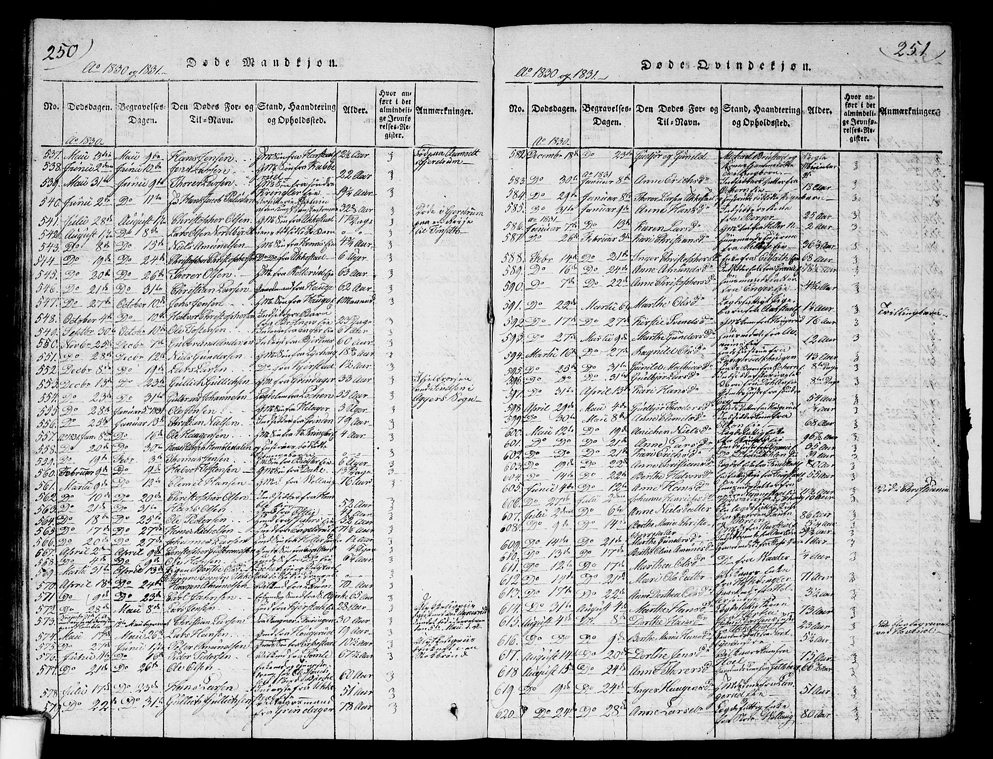 Nannestad prestekontor Kirkebøker, SAO/A-10414a/G/Ga/L0001: Parish register (copy) no. I 1, 1815-1839, p. 250-251