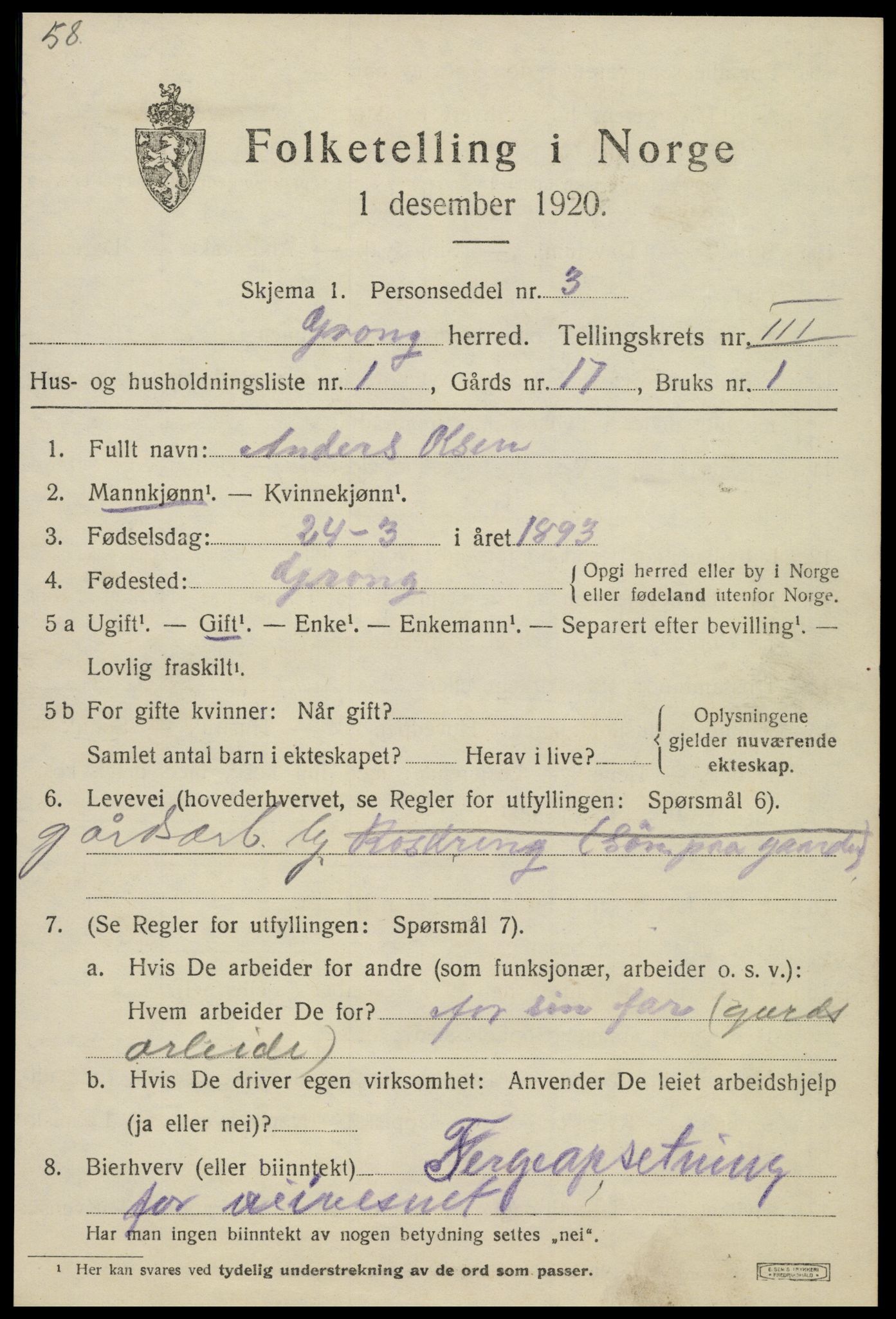 SAT, 1920 census for Grong, 1920, p. 2195