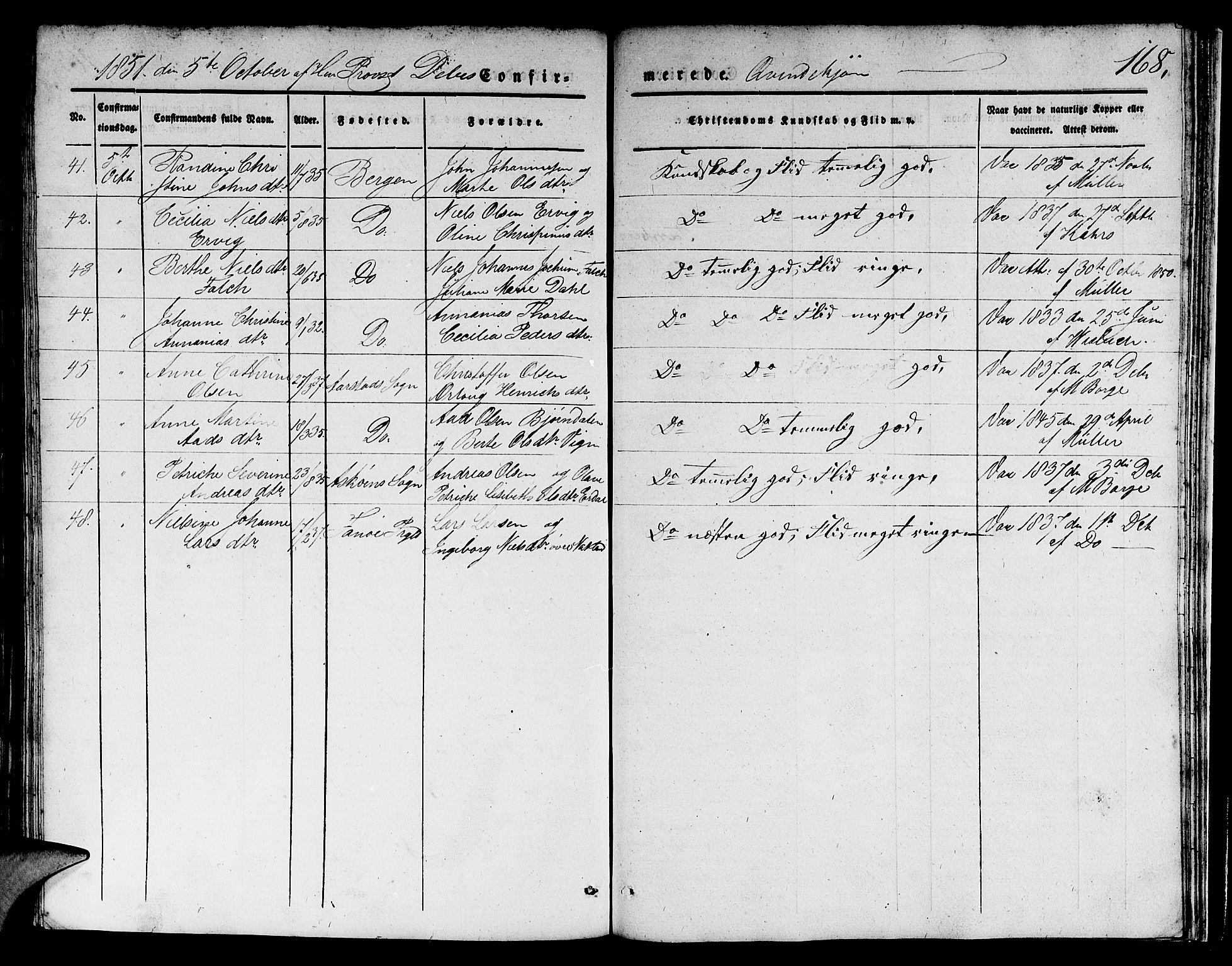 Domkirken sokneprestembete, AV/SAB-A-74801/H/Hab/L0022: Parish register (copy) no. C 2, 1839-1854, p. 168