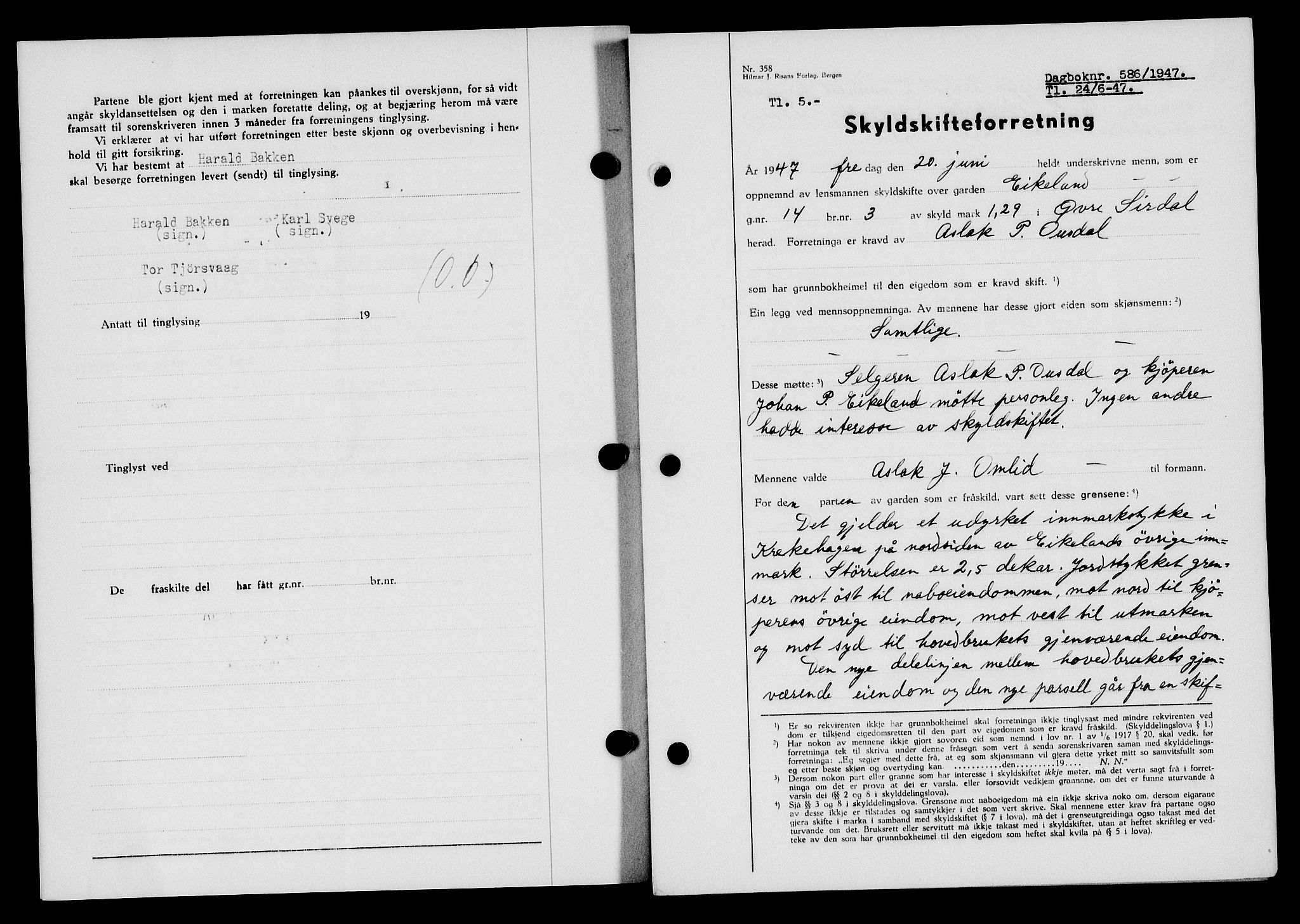 Flekkefjord sorenskriveri, SAK/1221-0001/G/Gb/Gba/L0062: Mortgage book no. A-10, 1947-1947, Diary no: : 586/1947