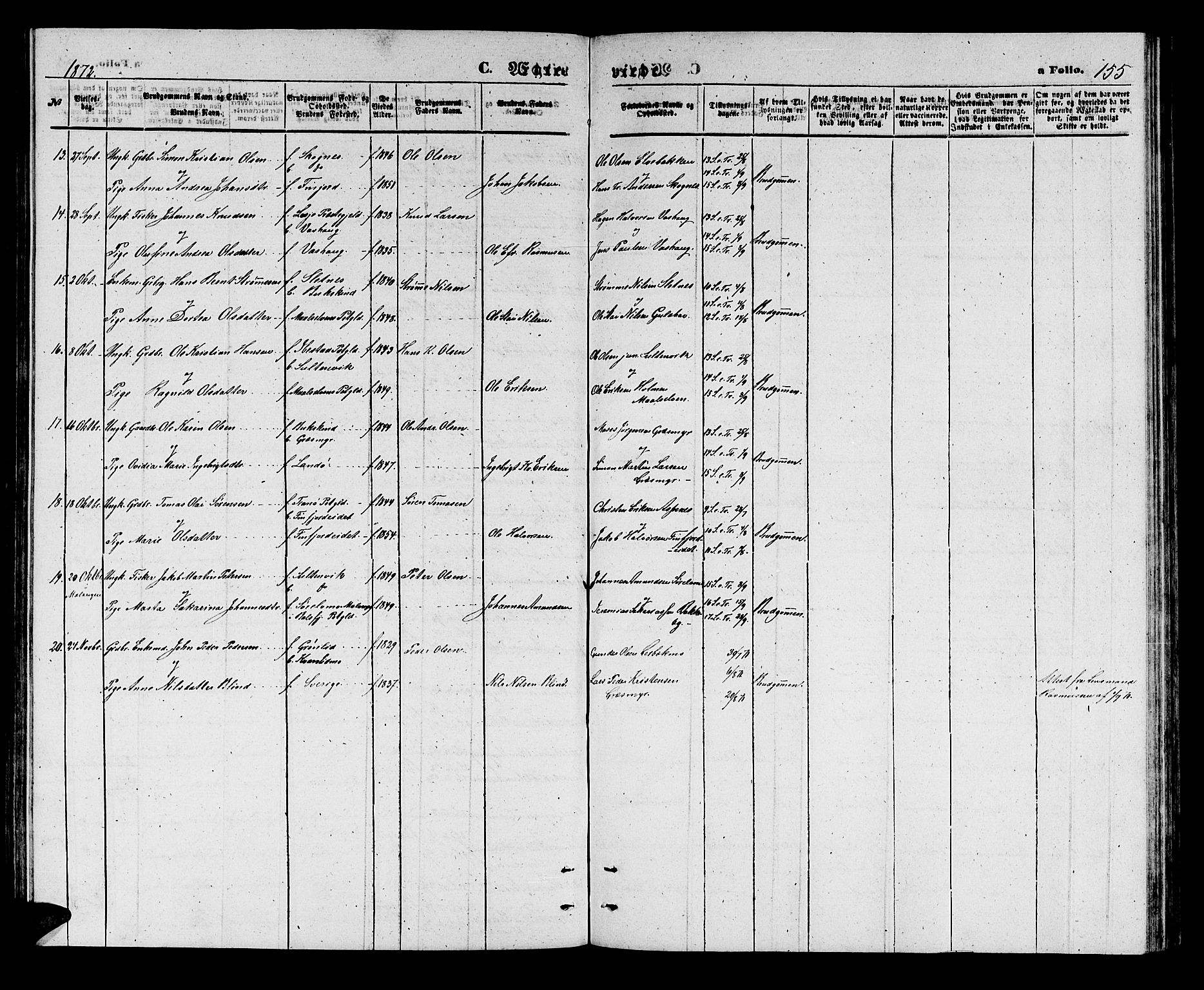 Lenvik sokneprestembete, SATØ/S-1310/H/Ha/Hab/L0005klokker: Parish register (copy) no. 5, 1870-1880, p. 155
