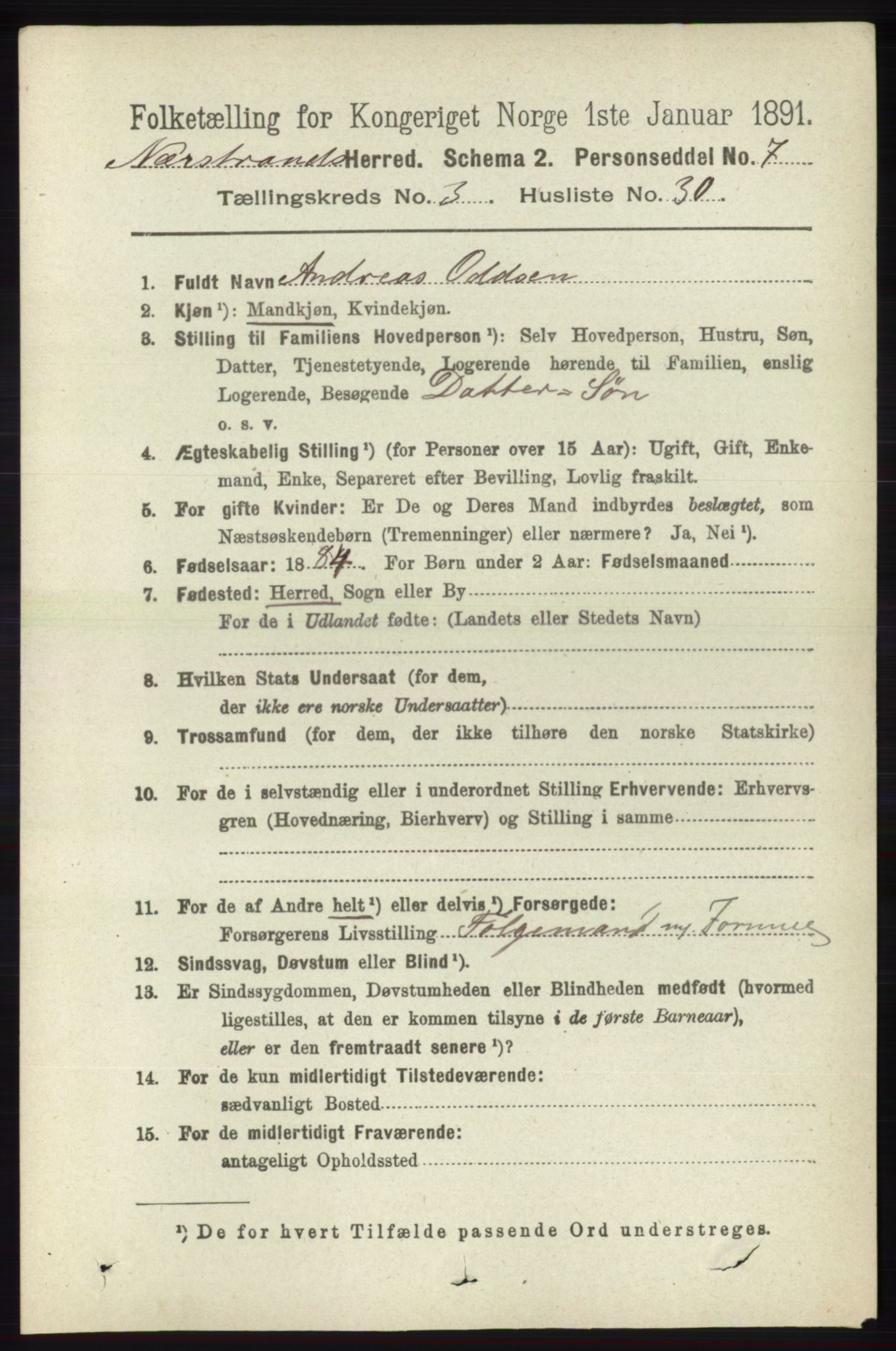 RA, 1891 census for 1139 Nedstrand, 1891, p. 614