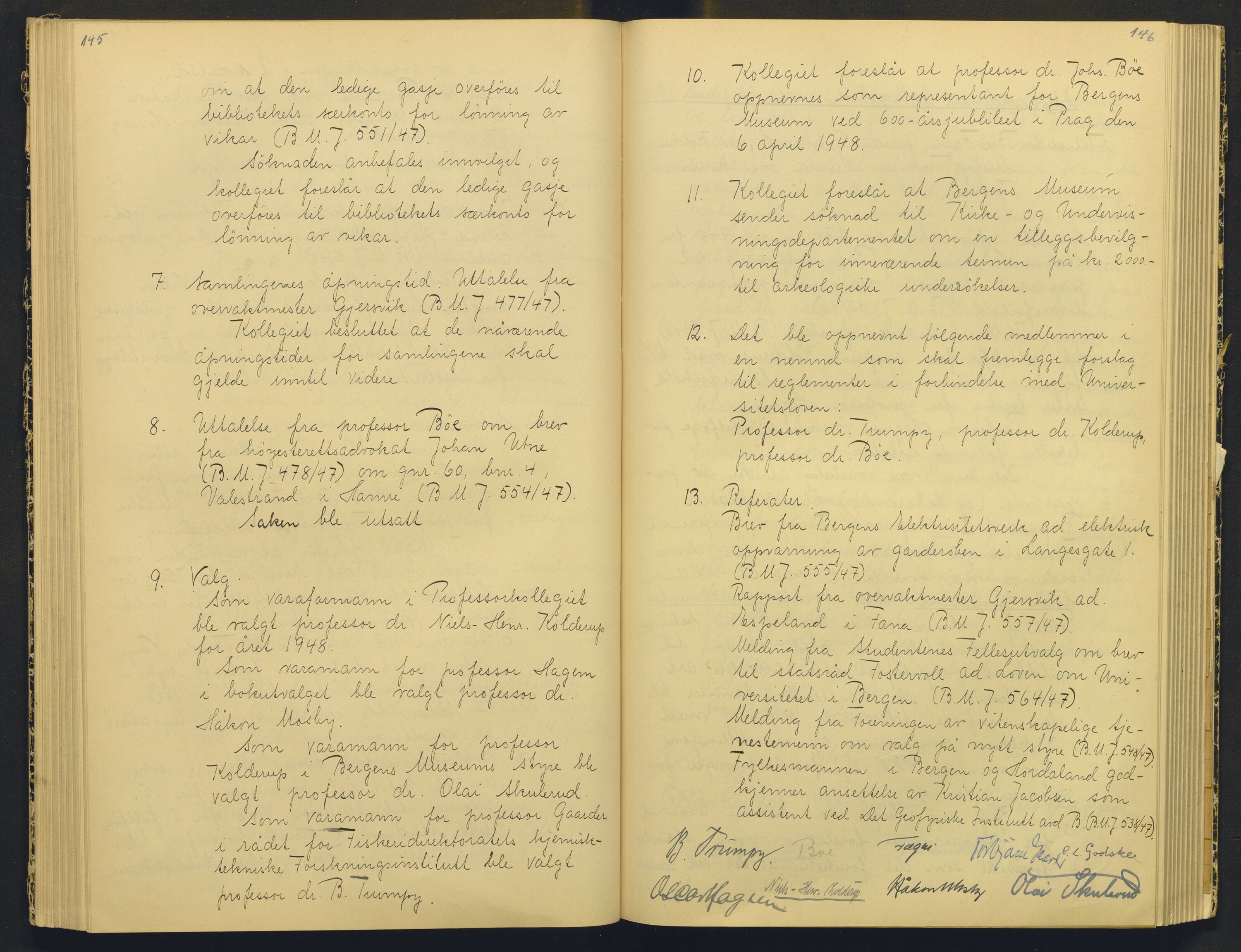 Bergens Museum, AV/SAB-A-17301/18/A/L0004: Professorkollegiets møtebok med register , 1945-1949, p. 145-146