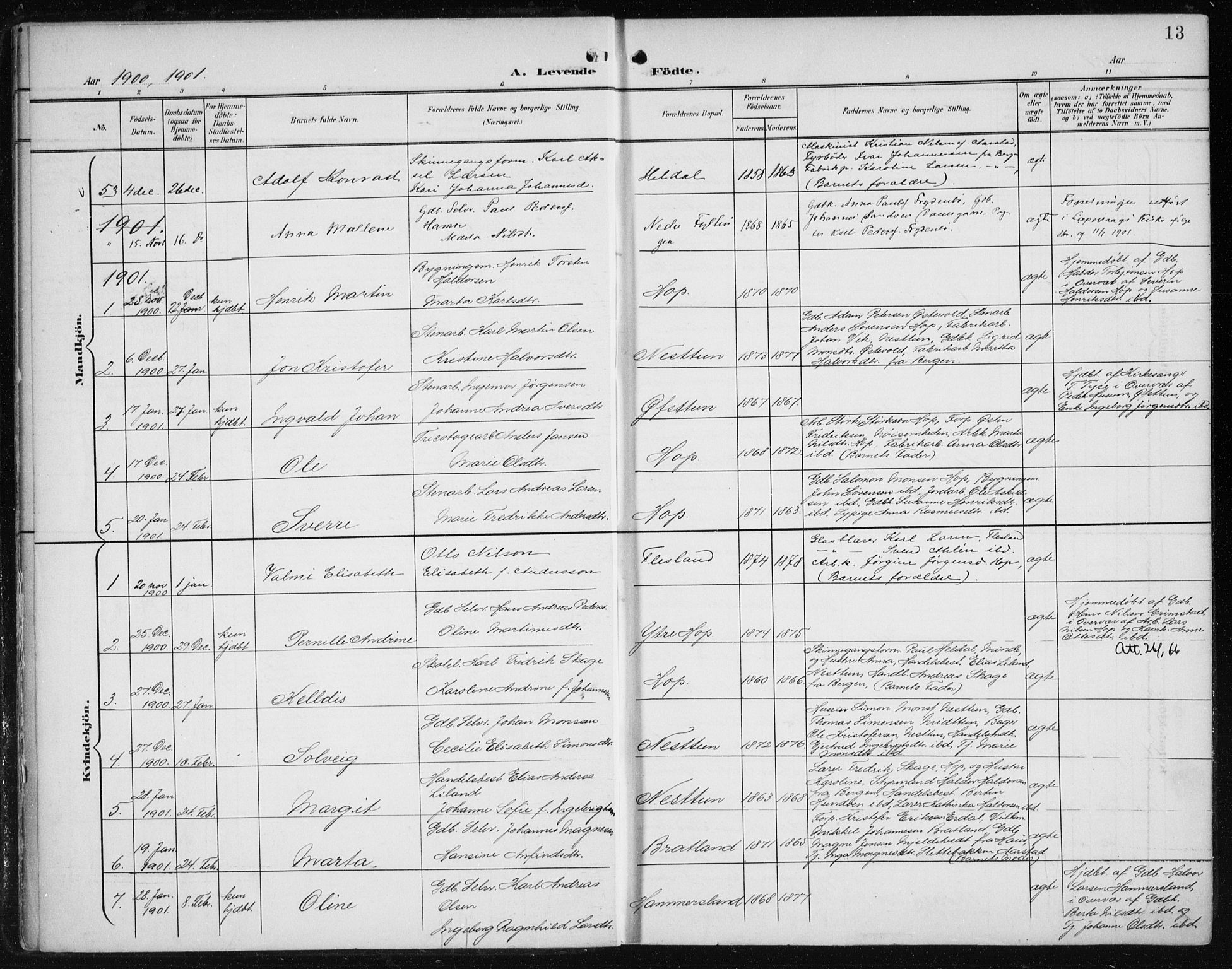Fana Sokneprestembete, SAB/A-75101/H/Haa/Haai/L0003: Parish register (official) no. I 3, 1900-1912, p. 13