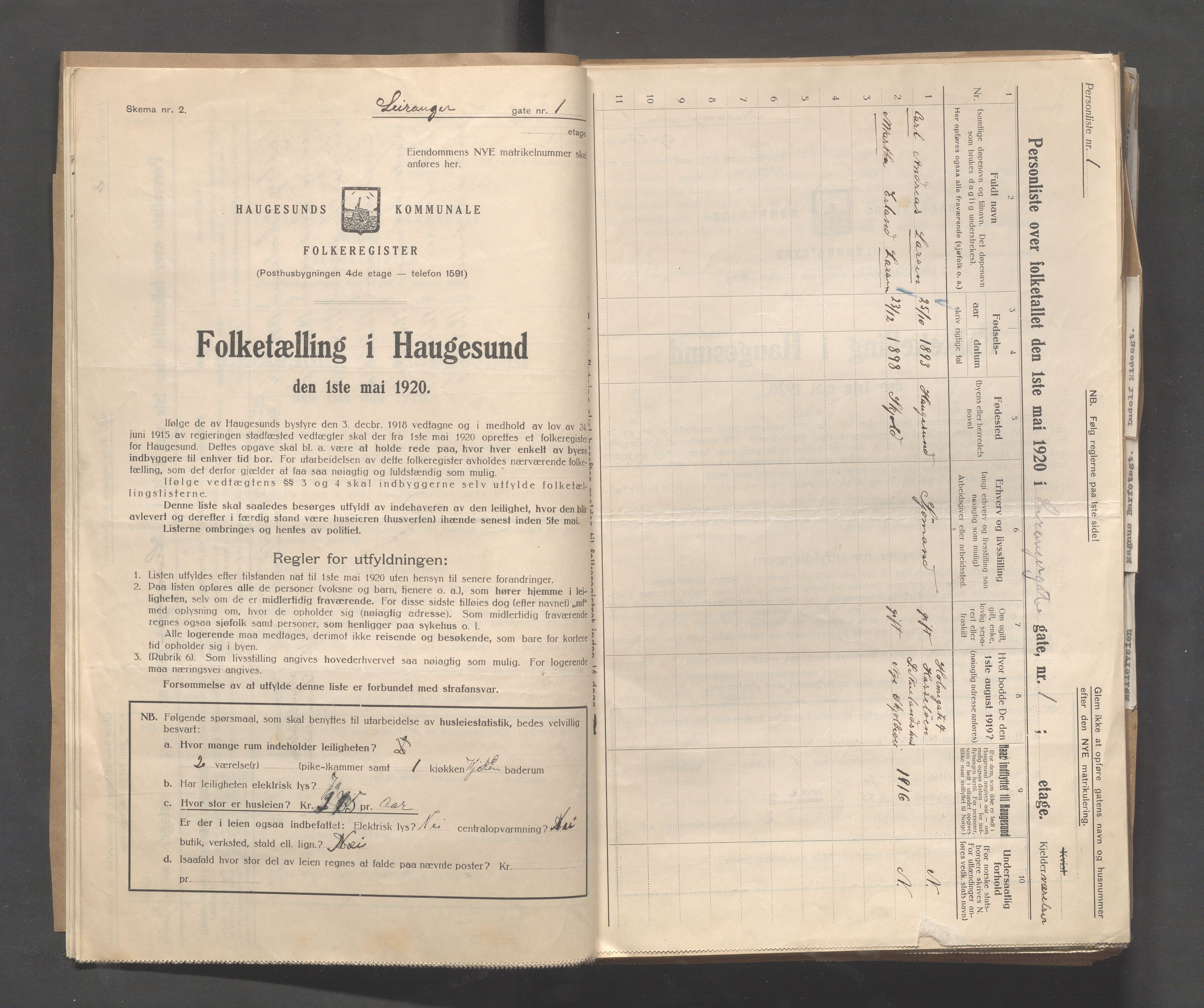 IKAR, Local census 1.5.1920 for Haugesund, 1920, p. 2853