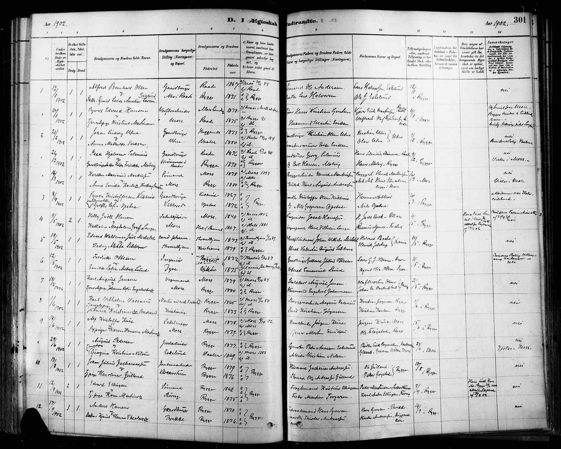 Rygge prestekontor Kirkebøker, SAO/A-10084b/F/Fa/L0007: Parish register (official) no. 7, 1878-1904, p. 301