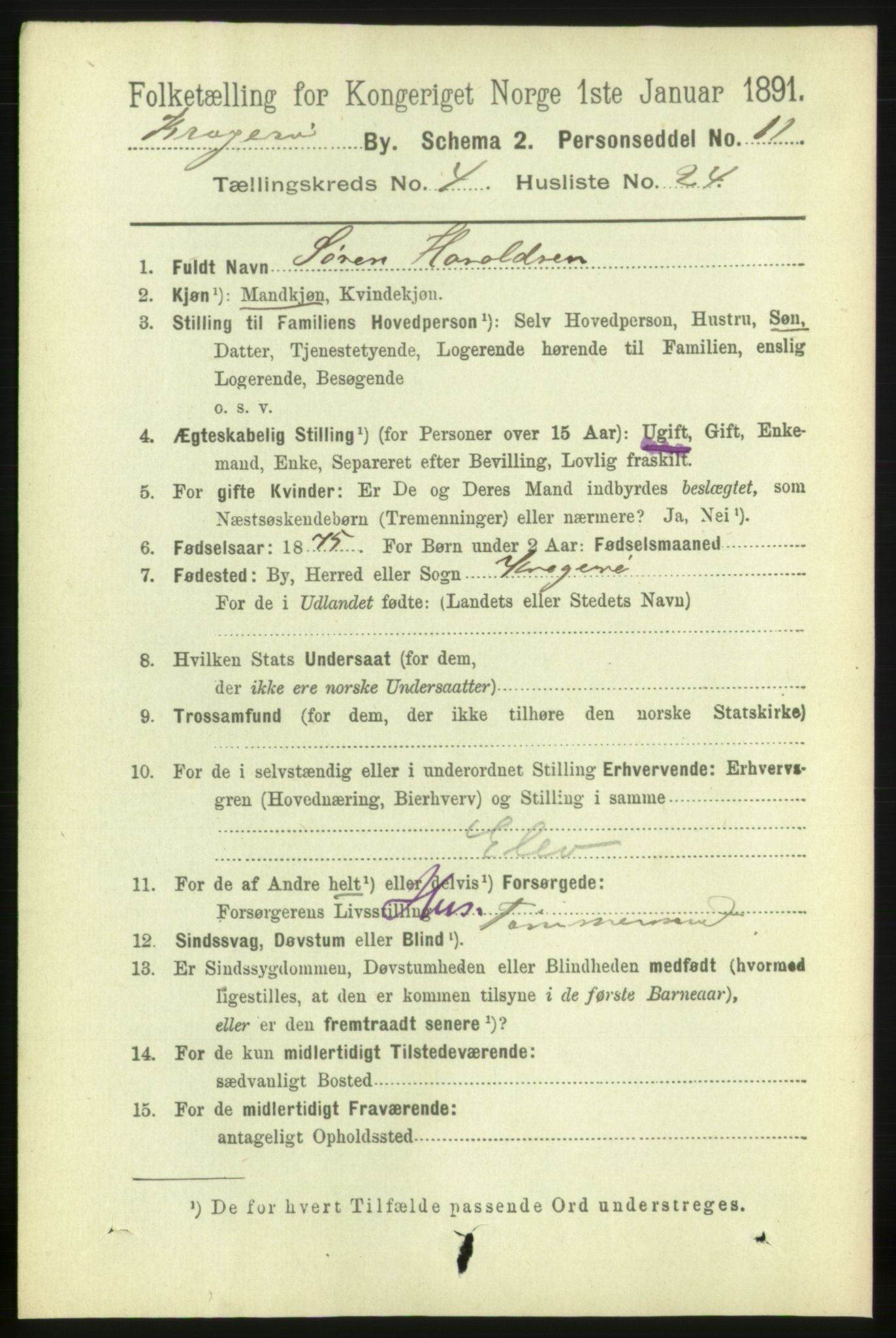 RA, 1891 census for 0801 Kragerø, 1891, p. 3007