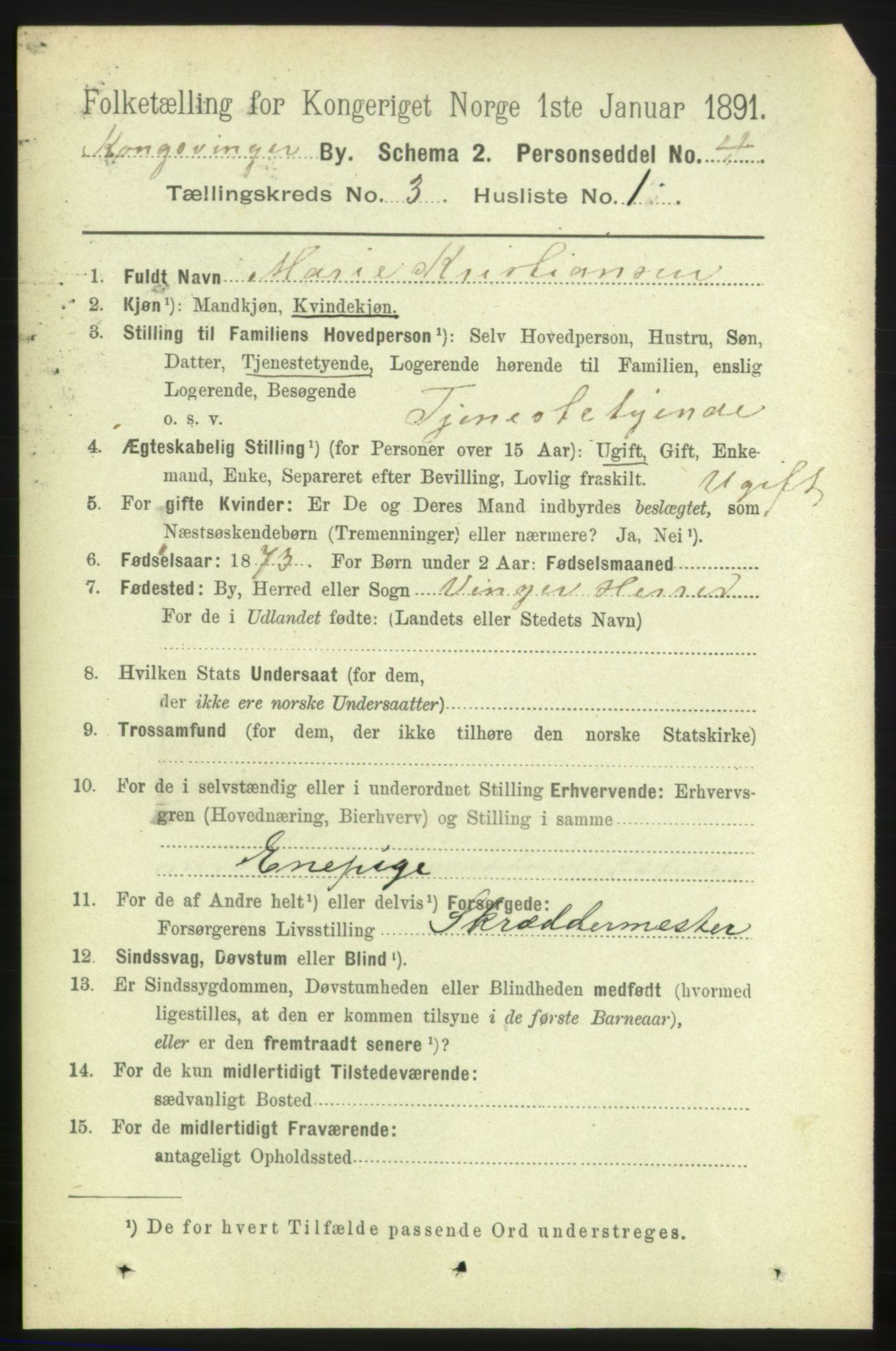 RA, 1891 census for 0402 Kongsvinger, 1891, p. 1134