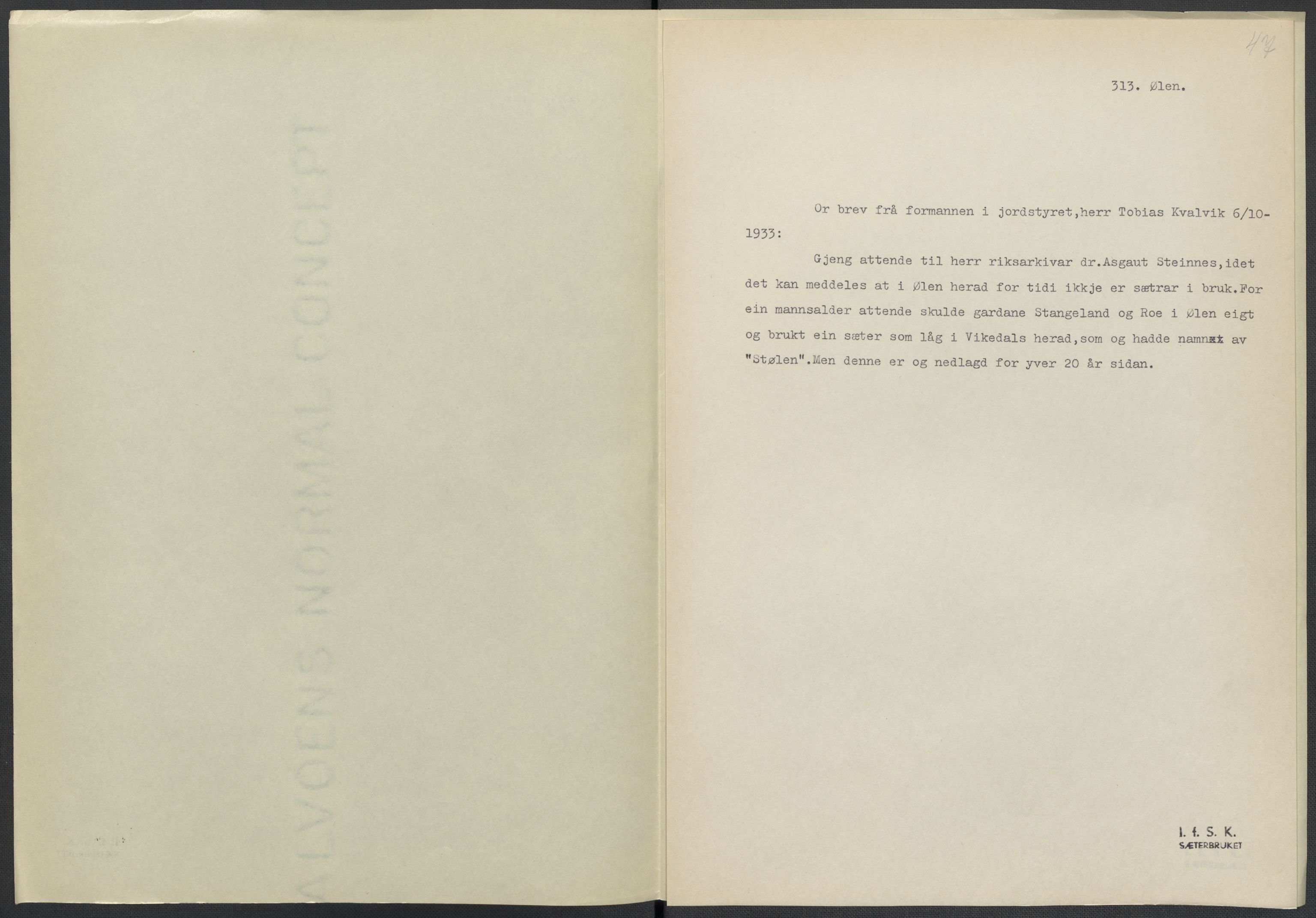 Instituttet for sammenlignende kulturforskning, AV/RA-PA-0424/F/Fc/L0009/0003: Eske B9: / Hordaland (perm XXIV), 1933-1938, p. 47