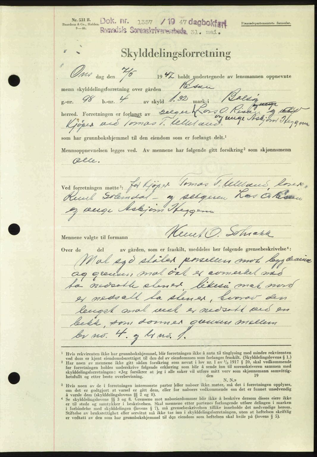 Romsdal sorenskriveri, AV/SAT-A-4149/1/2/2C: Mortgage book no. A23, 1947-1947, Diary no: : 1357/1947