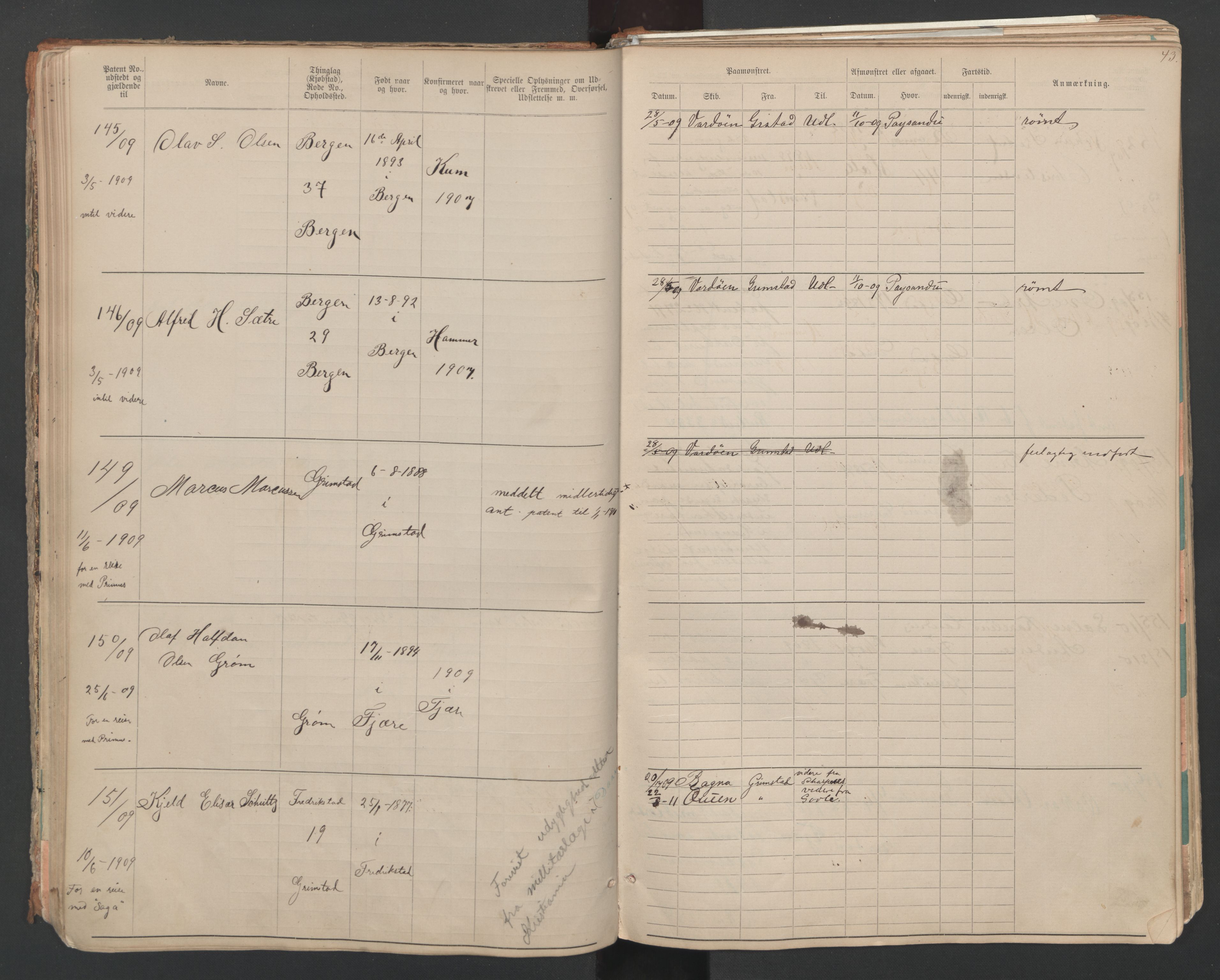 Grimstad mønstringskrets, AV/SAK-2031-0013/F/Fa/L0007: Annotasjonsrulle nr 1-265 og hovedrulle B nr 1-160, V-20, 1894-1949, p. 44