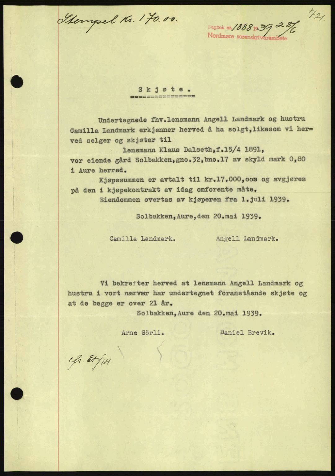 Nordmøre sorenskriveri, AV/SAT-A-4132/1/2/2Ca: Mortgage book no. A86, 1939-1939, Diary no: : 1888/1939