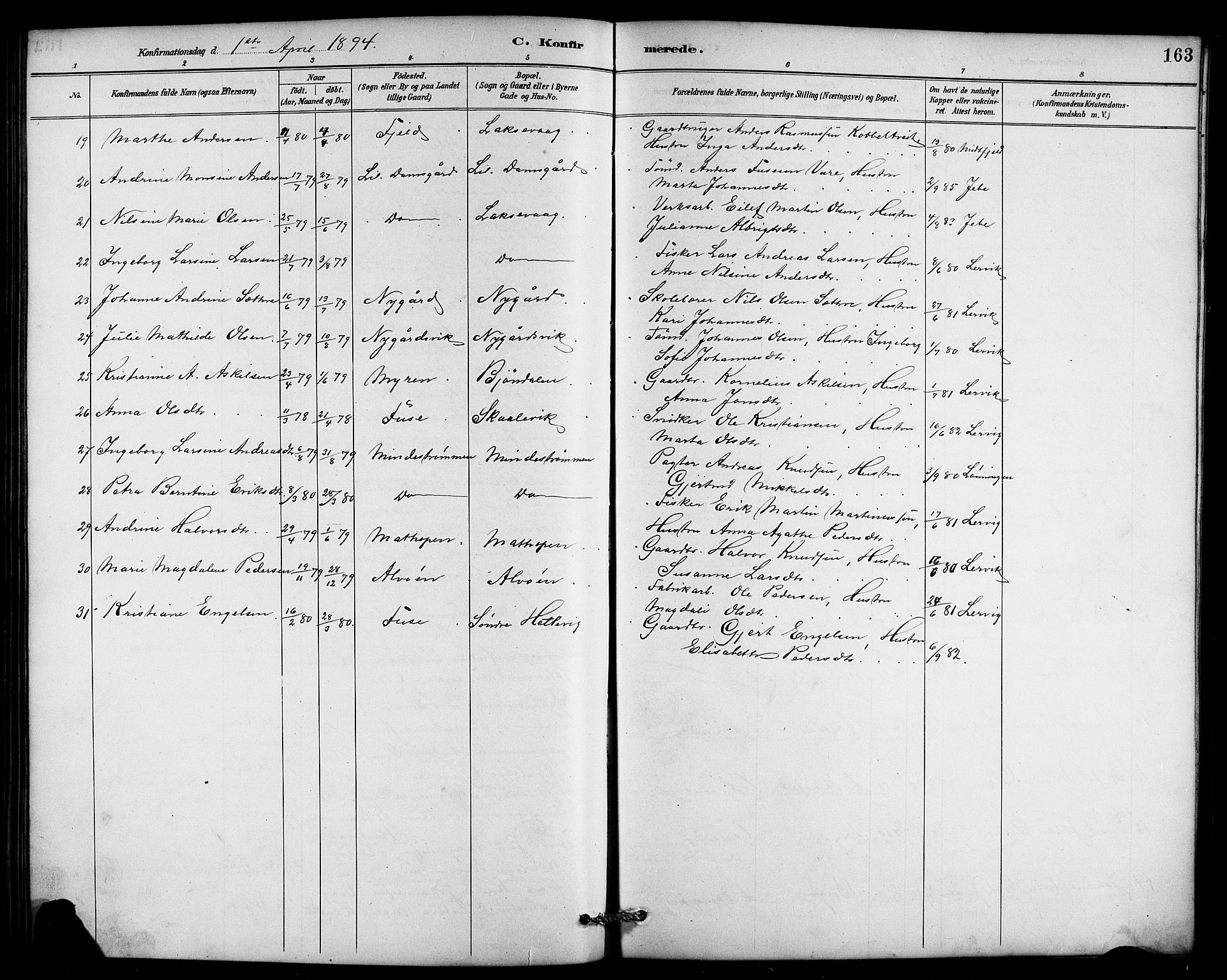 Laksevåg Sokneprestembete, AV/SAB-A-76501/H/Ha/Hab/Haba/L0003: Parish register (copy) no. A 3, 1887-1899, p. 163