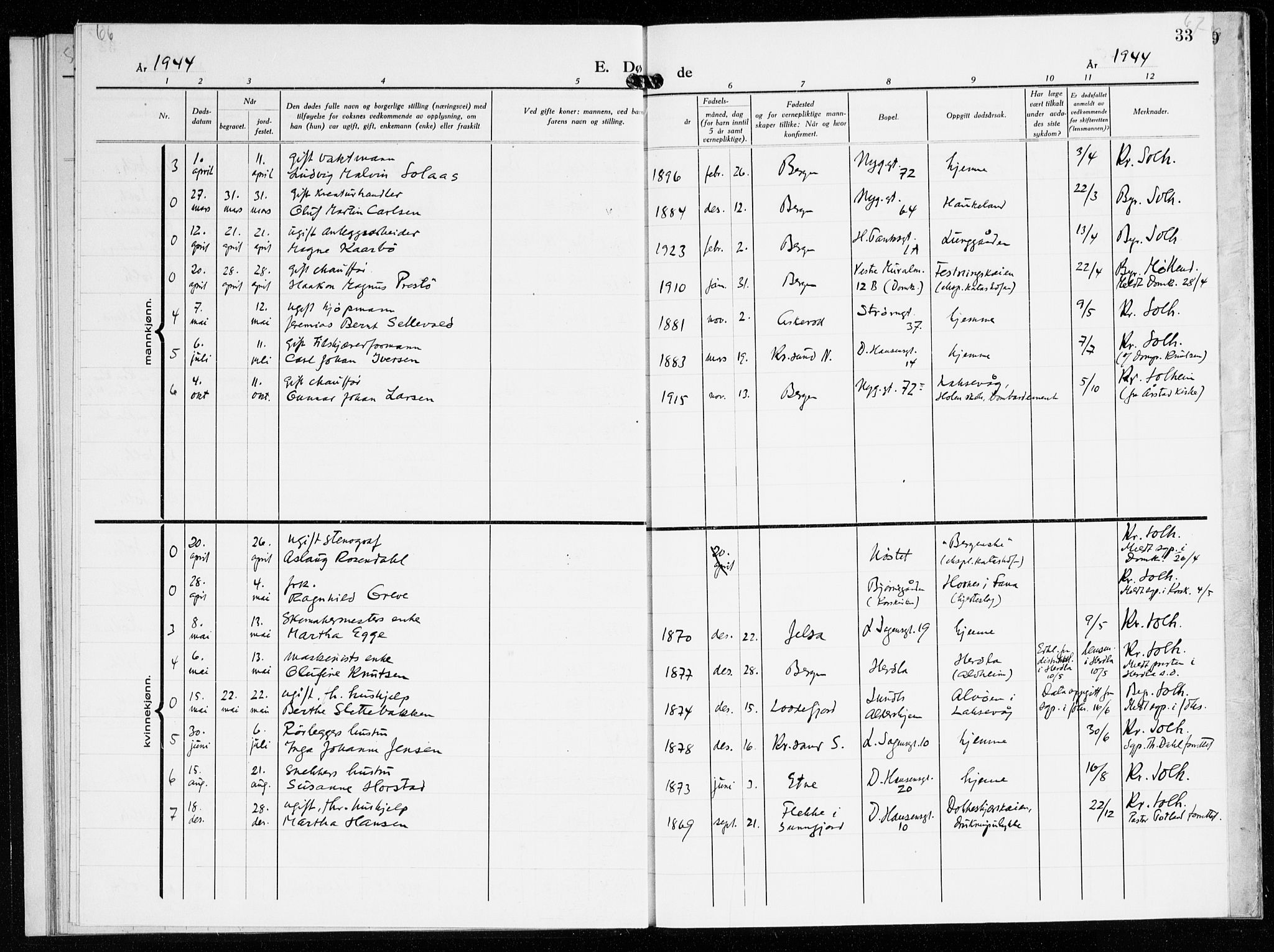 St. Jacob sokneprestembete, AV/SAB-A-78001/H/Haa/L0023: Parish register (official) no. G 1, 1942-1945, p. 33