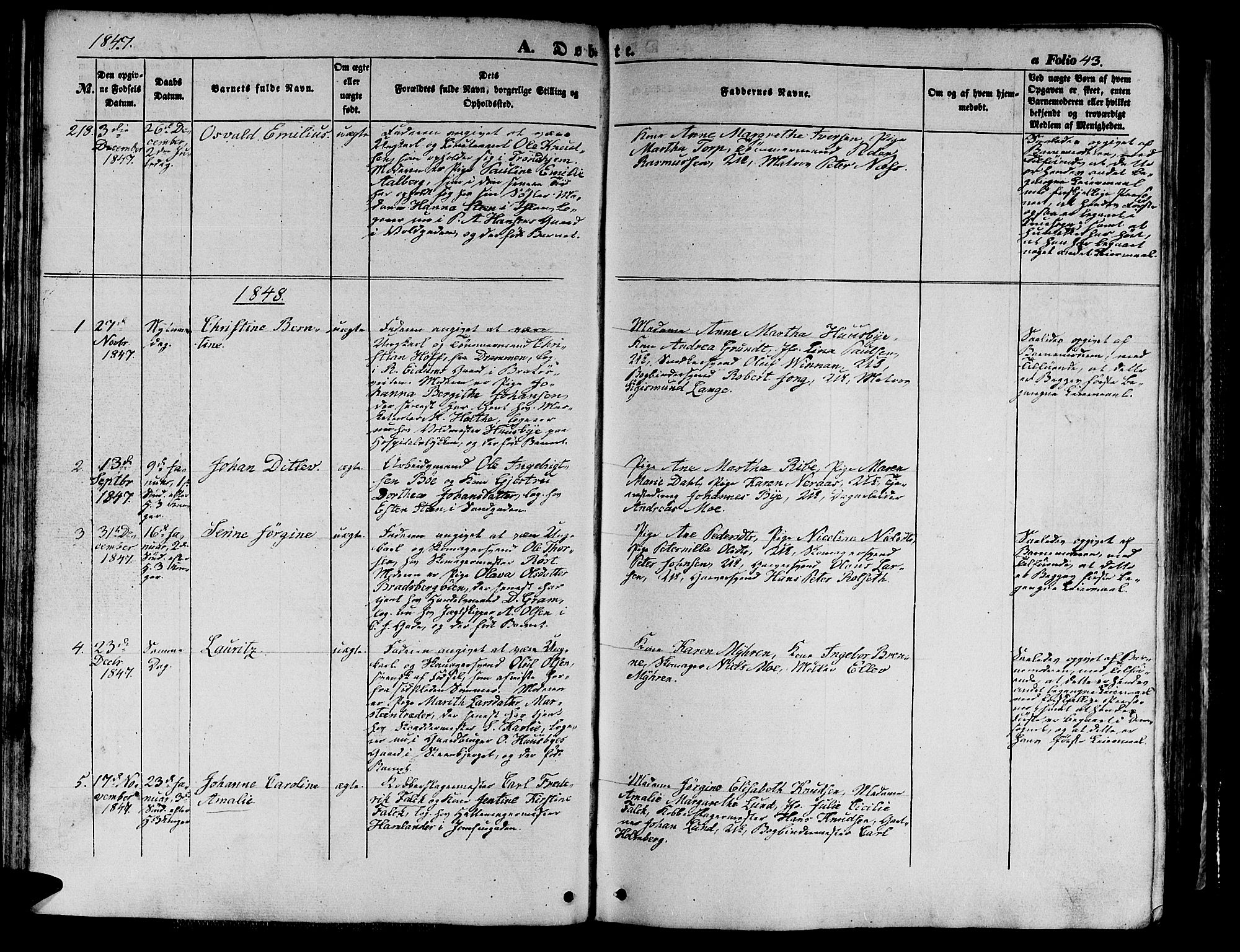 Ministerialprotokoller, klokkerbøker og fødselsregistre - Sør-Trøndelag, SAT/A-1456/602/L0137: Parish register (copy) no. 602C05, 1846-1856, p. 43
