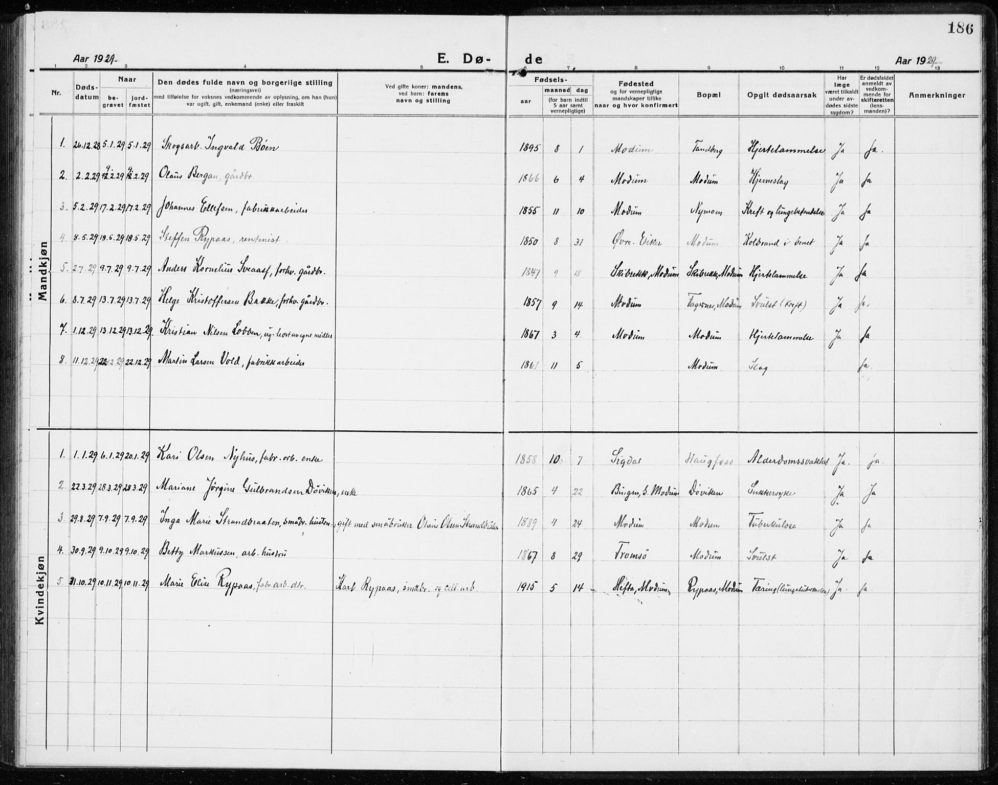 Modum kirkebøker, AV/SAKO-A-234/G/Gc/L0002: Parish register (copy) no. III 2, 1919-1935, p. 186