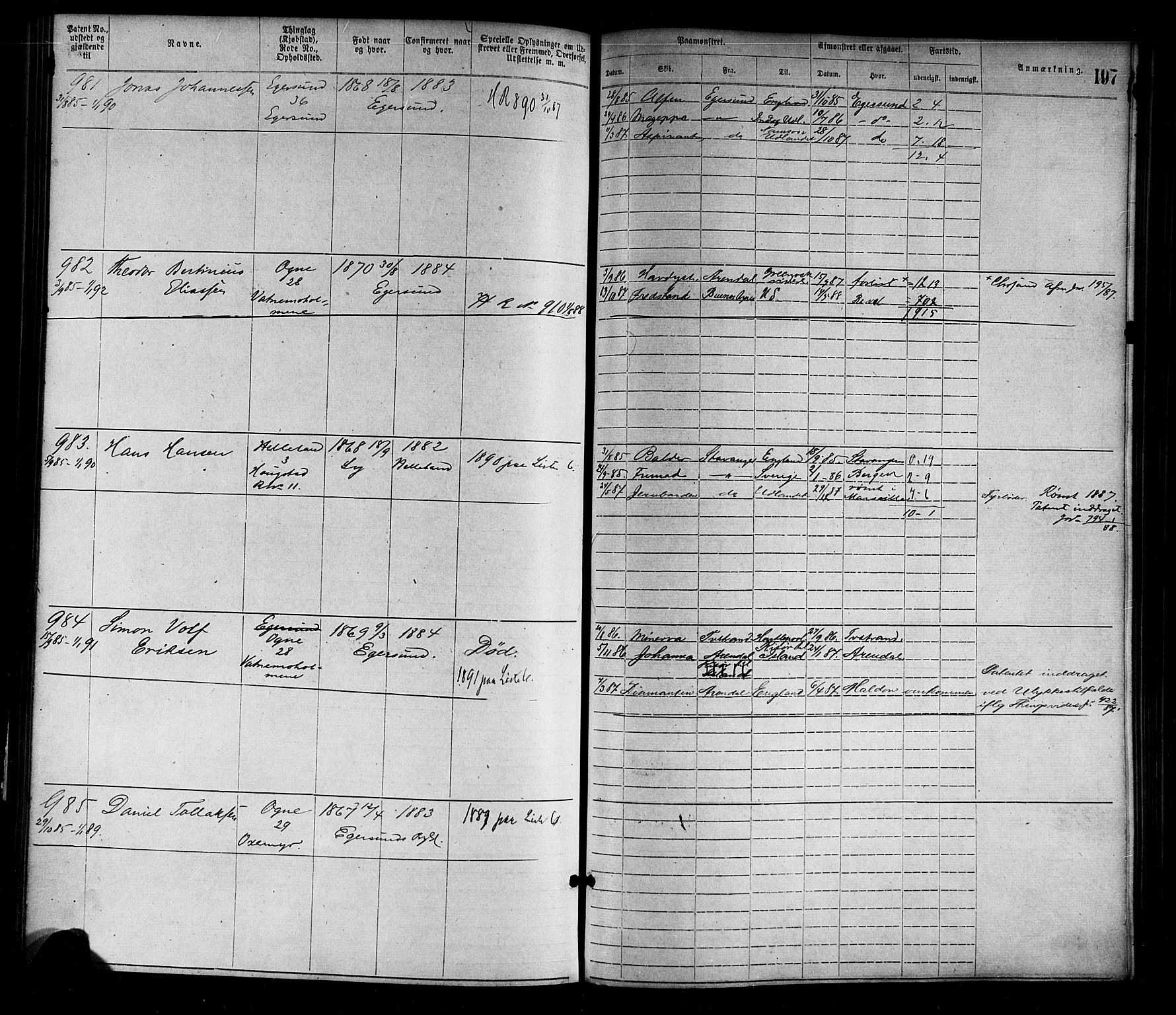 Egersund mønstringskrets, SAK/2031-0019/F/Fa/L0001: Annotasjonsrulle nr 1-1440 med register, O-1, 1869-1895, p. 220