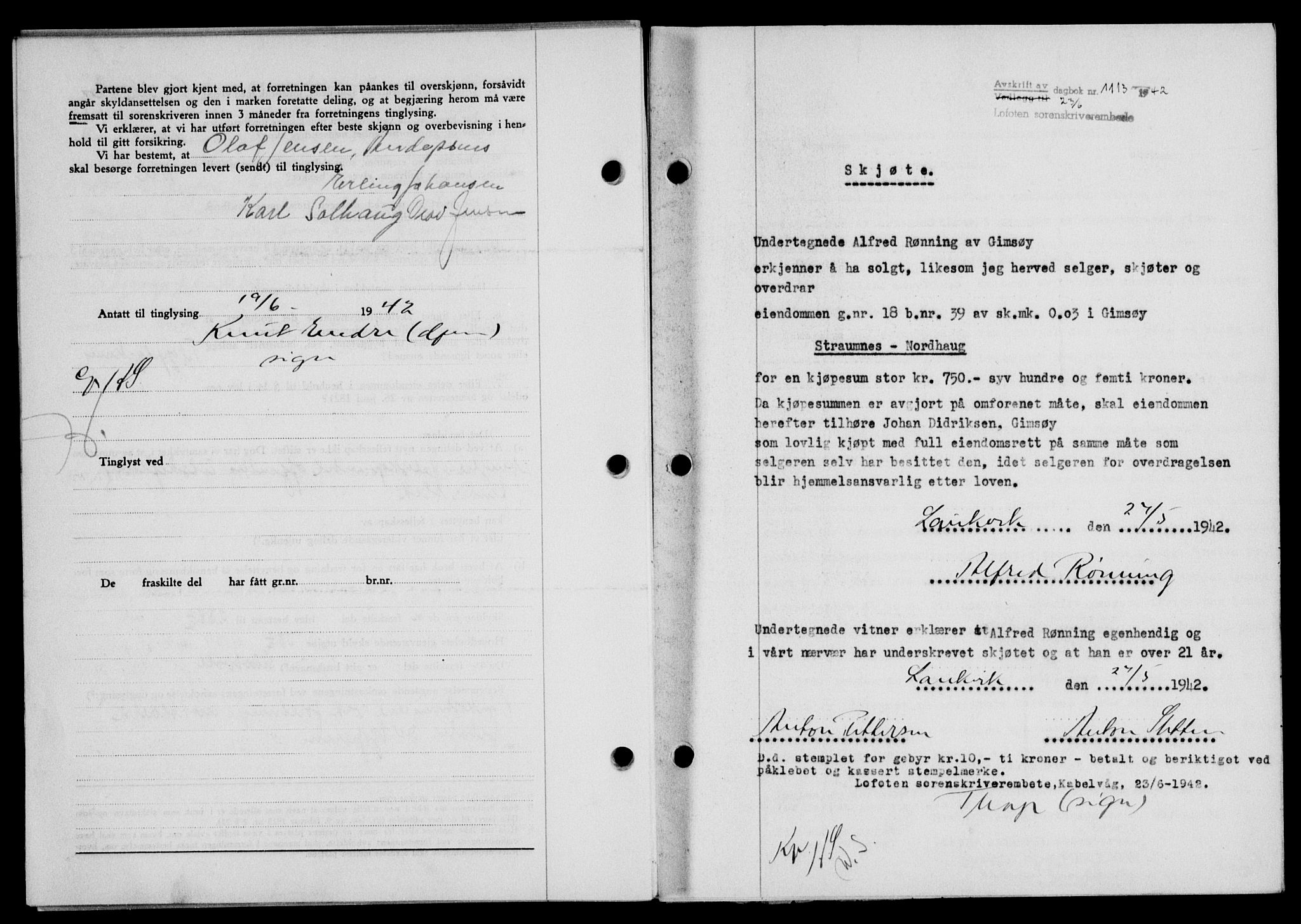 Lofoten sorenskriveri, SAT/A-0017/1/2/2C/L0010a: Mortgage book no. 10a, 1942-1943, Diary no: : 1113/1942
