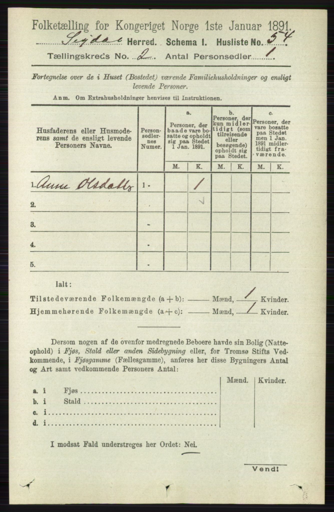 RA, 1891 census for 0621 Sigdal, 1891, p. 943