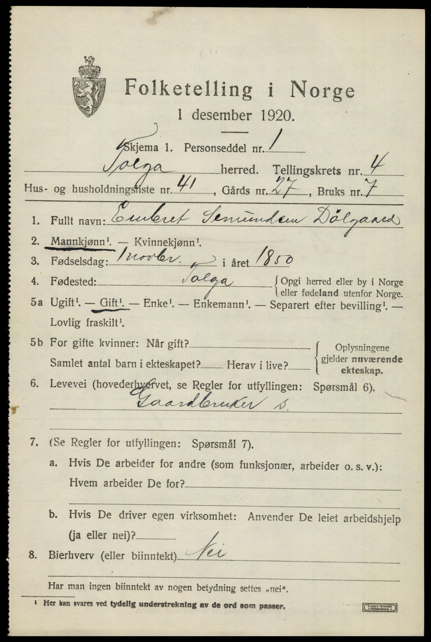 SAH, 1920 census for Tolga, 1920, p. 3065