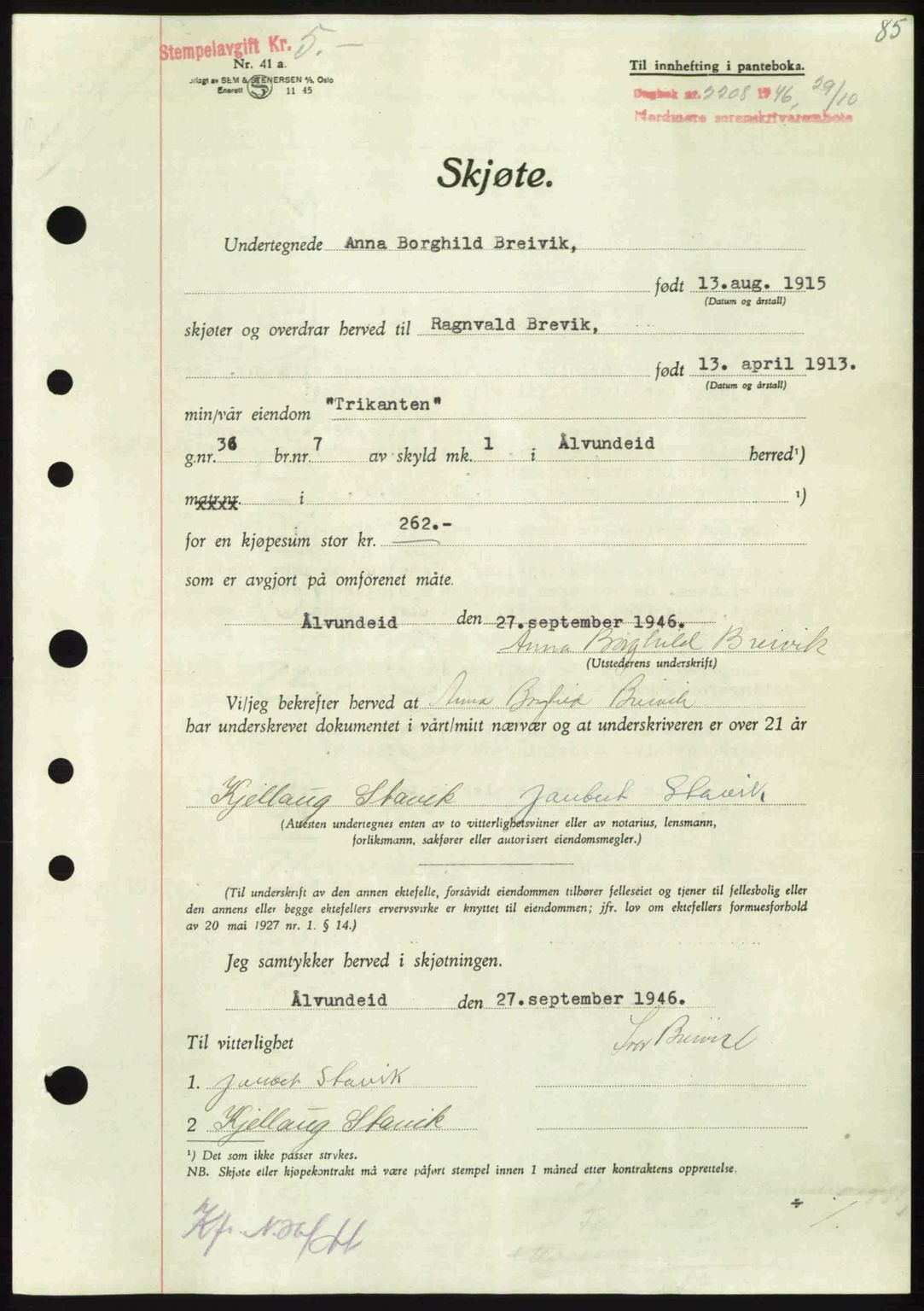 Nordmøre sorenskriveri, AV/SAT-A-4132/1/2/2Ca: Mortgage book no. A103, 1946-1947, Diary no: : 2208/1946