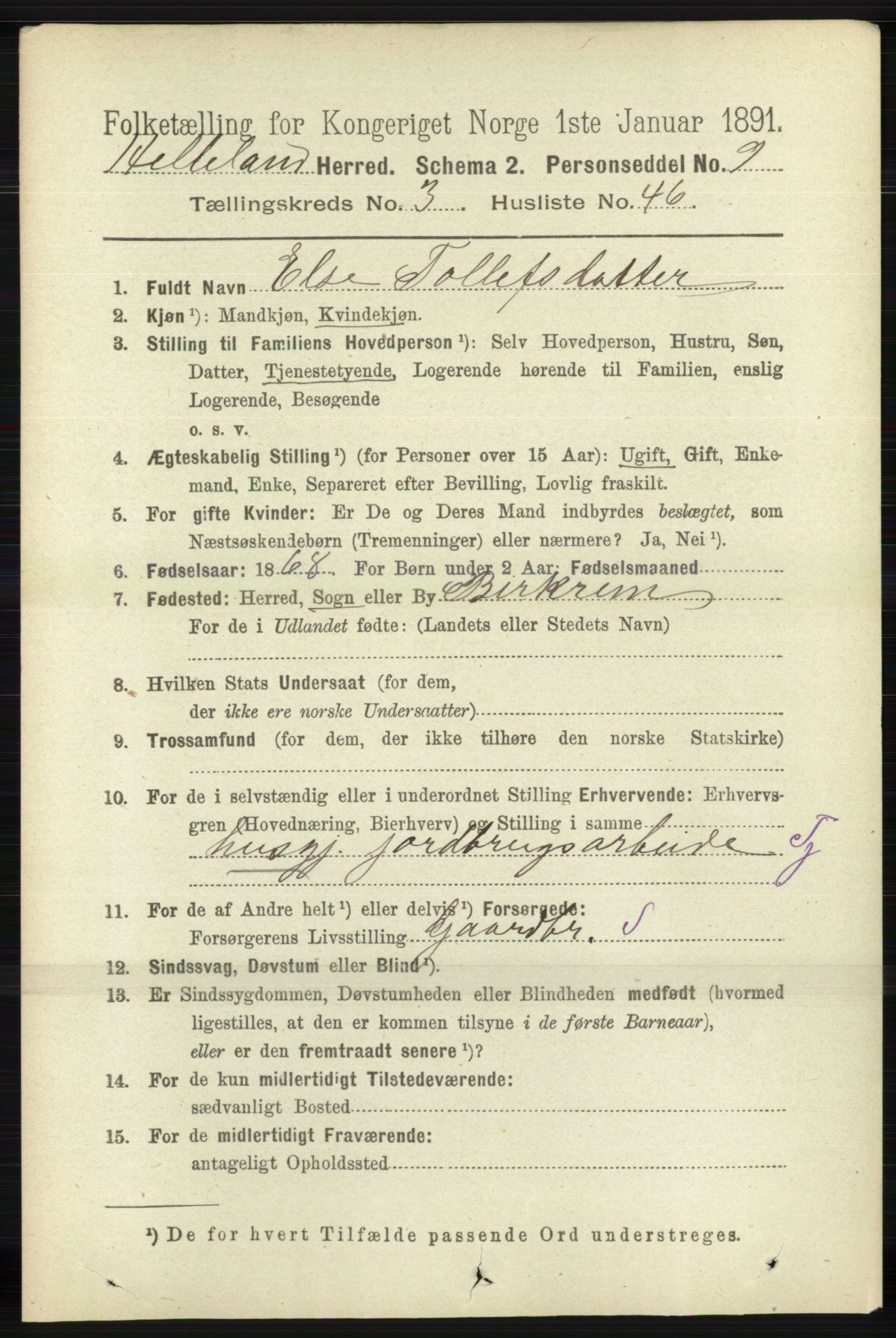 RA, 1891 census for 1115 Helleland, 1891, p. 1103