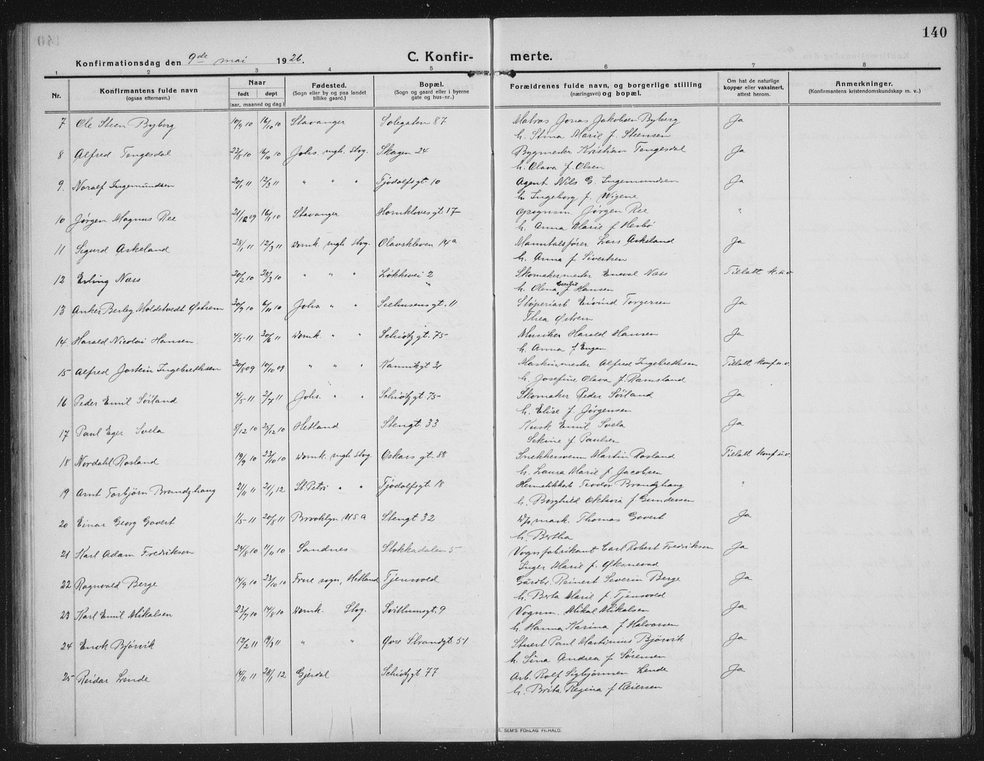 Domkirken sokneprestkontor, AV/SAST-A-101812/002/A/L0019: Parish register (official) no. A 35, 1916-1932, p. 140